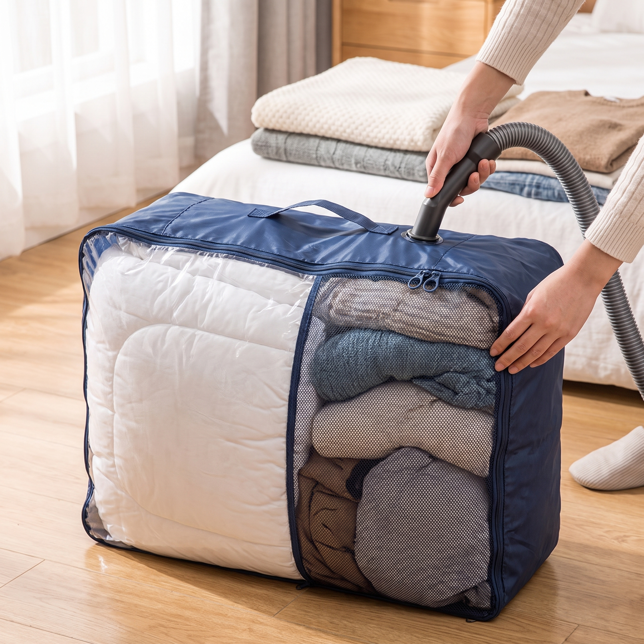 Person vacuum-compressing a storage bag of bedding to save space