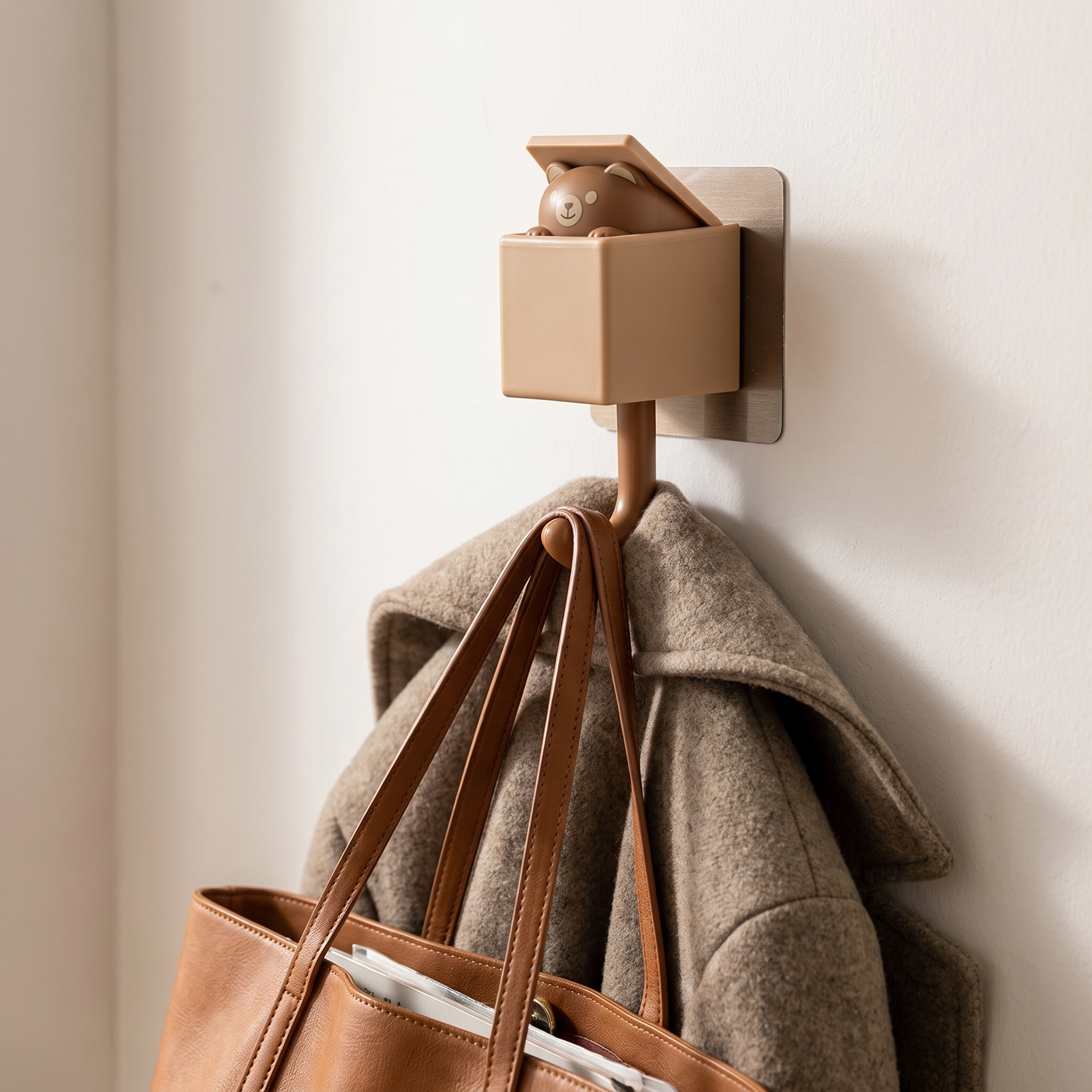 Adhesive wall hook holding a heavy coat and bag, no drill