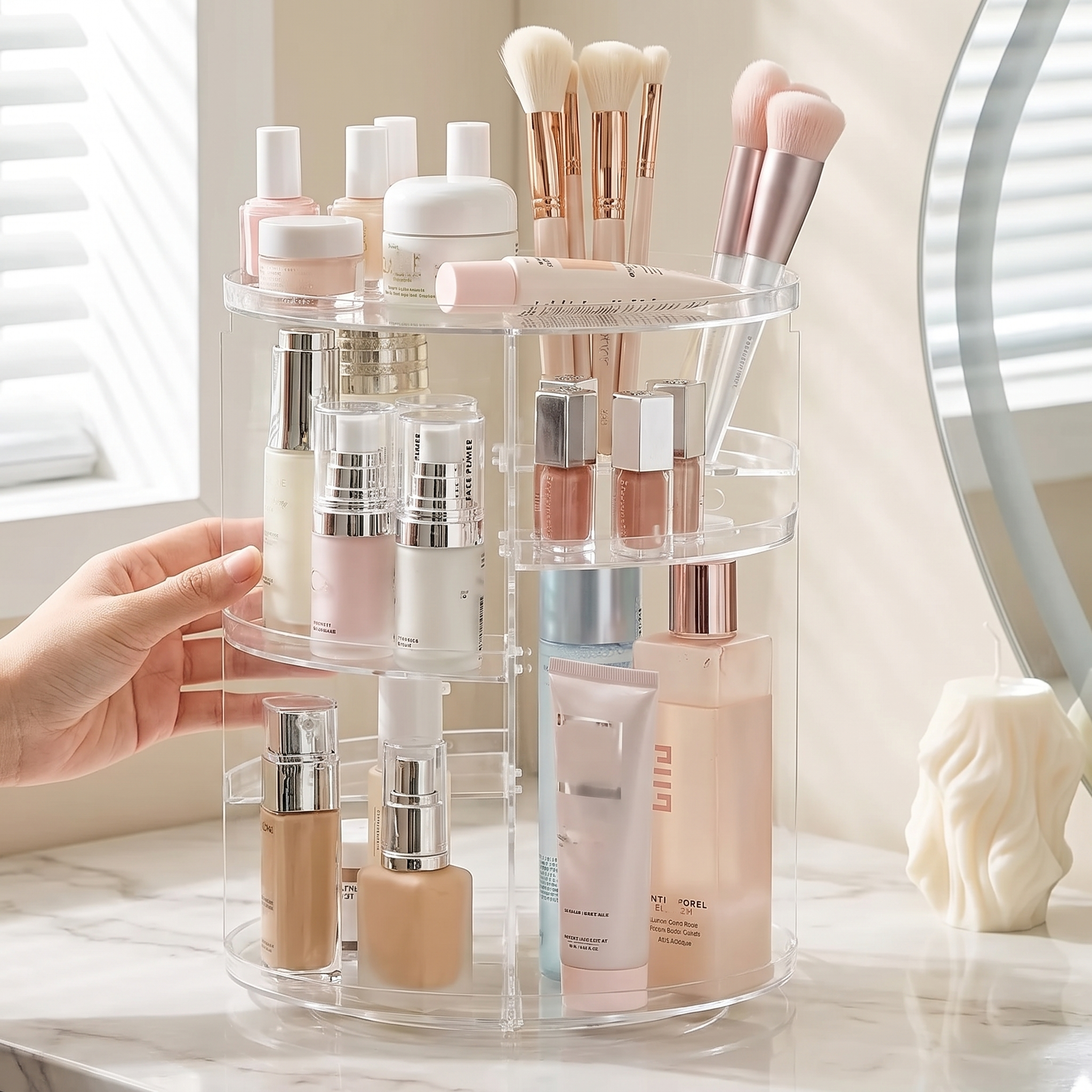 Person tidying a bathroom counter with the 360 rotating vanity organiser