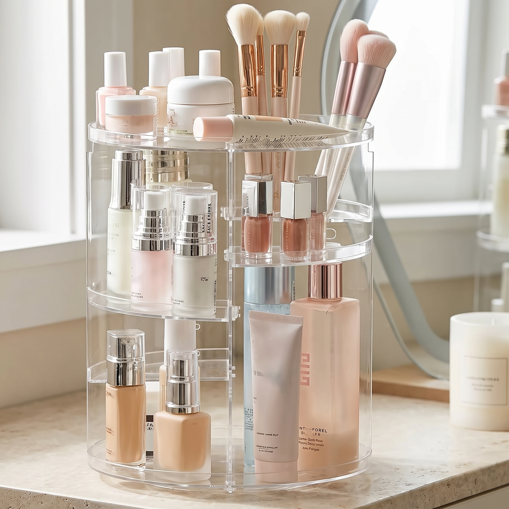360 rotating vanity organiser filled with makeup and skincare