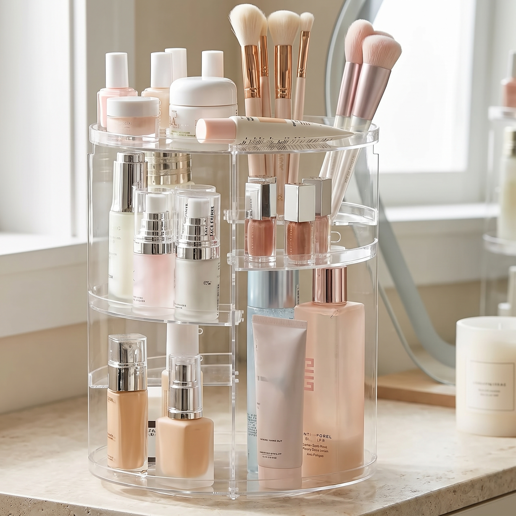 360 rotating vanity organiser filled with makeup and skincare