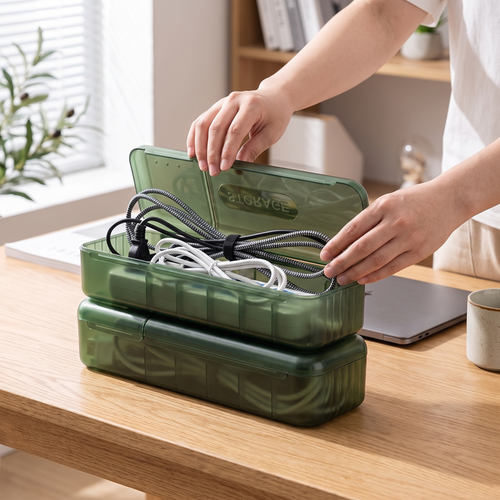 Person hiding cables and a power strip in the cable management box