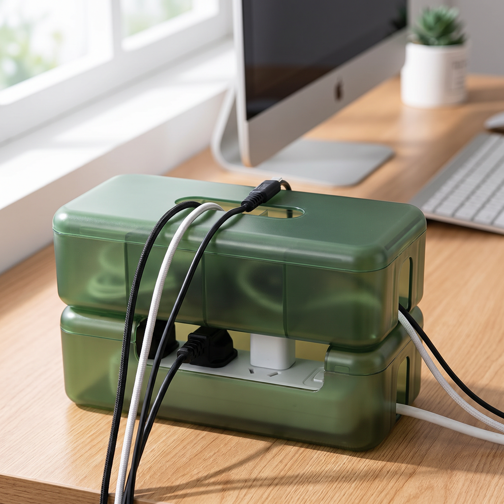 Cable management box with cords neatly routed, tidy desk