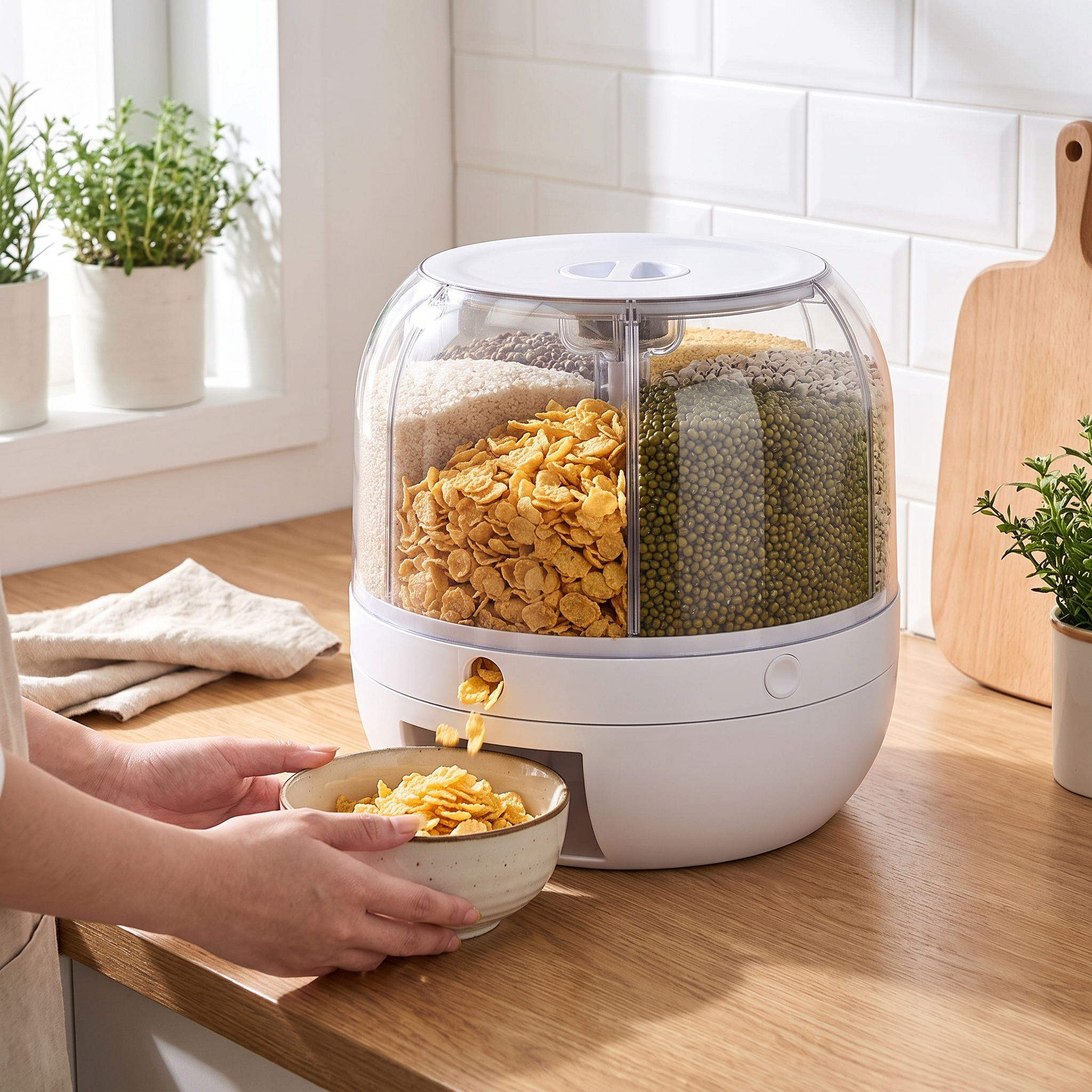 Person dispensing cereal from the rotating grain dispenser, mess-free
