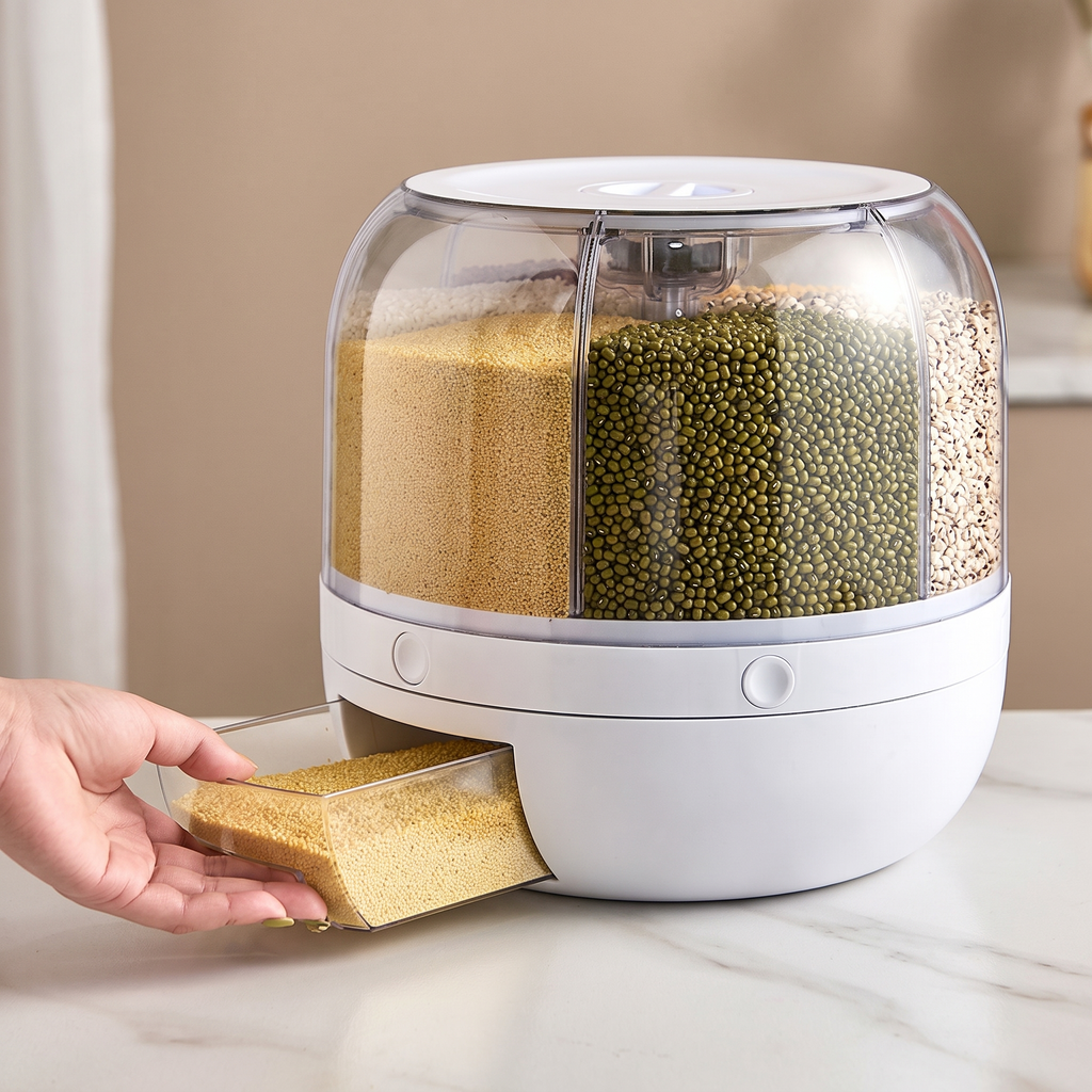 Rotating grain dispenser full of cereal and rice