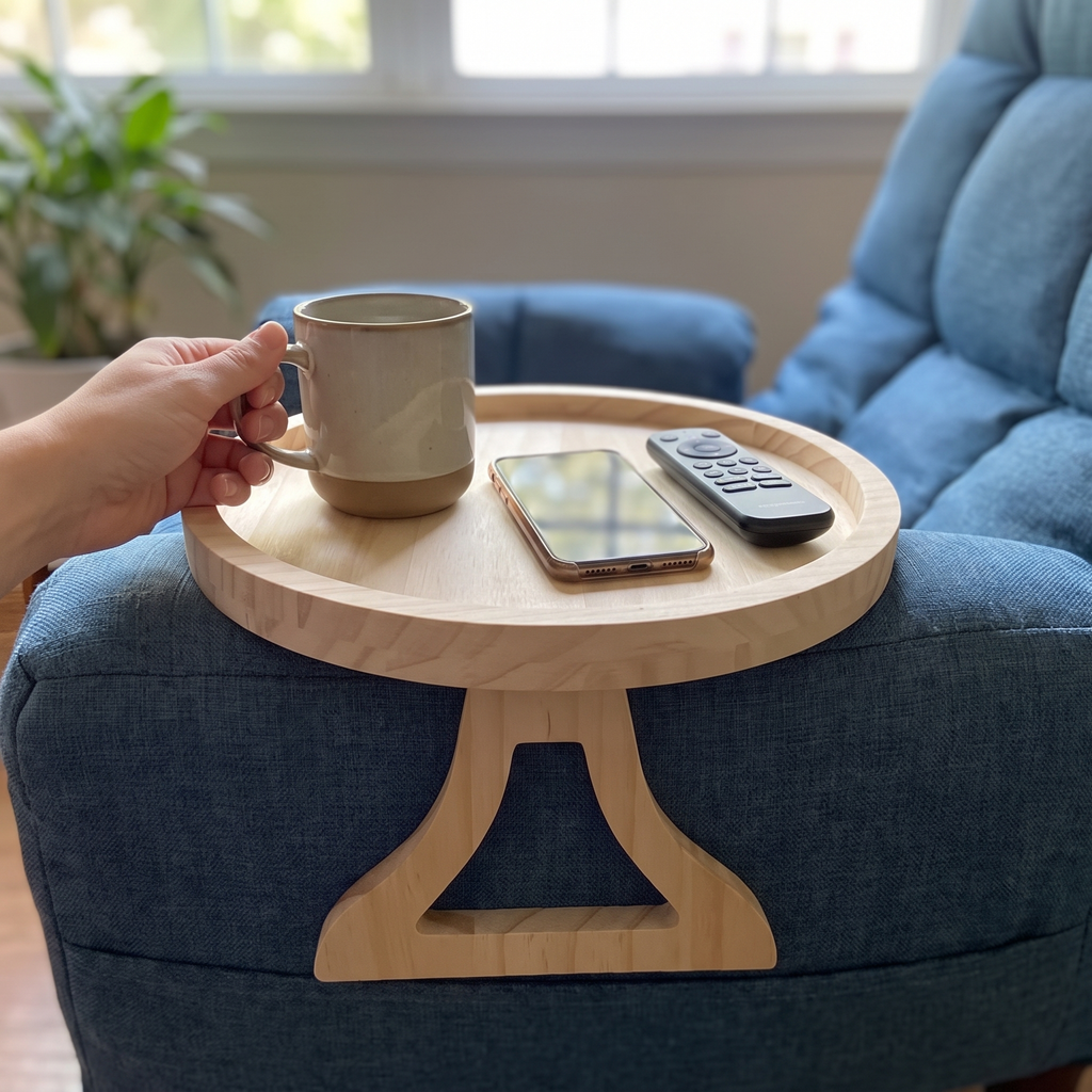 Person resting a drink and remote on the bamboo sofa armrest tray