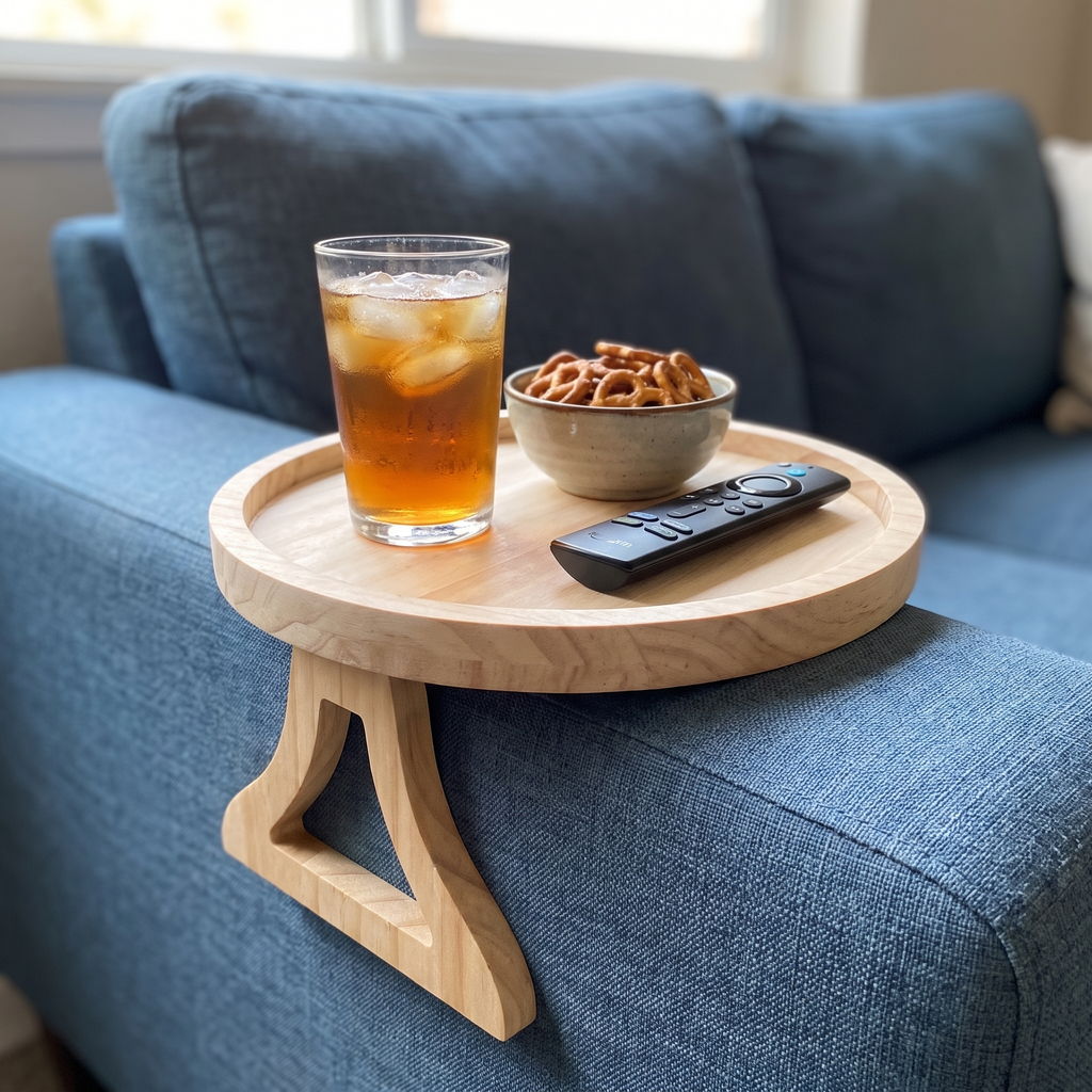 Bamboo sofa armrest tray holding a drink, snacks and remote