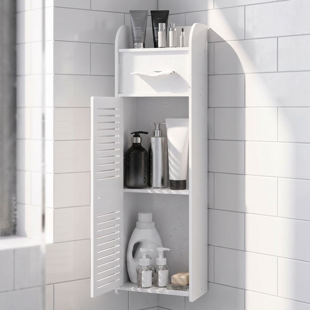 Corner shower caddy holding shampoo and soap in a shower