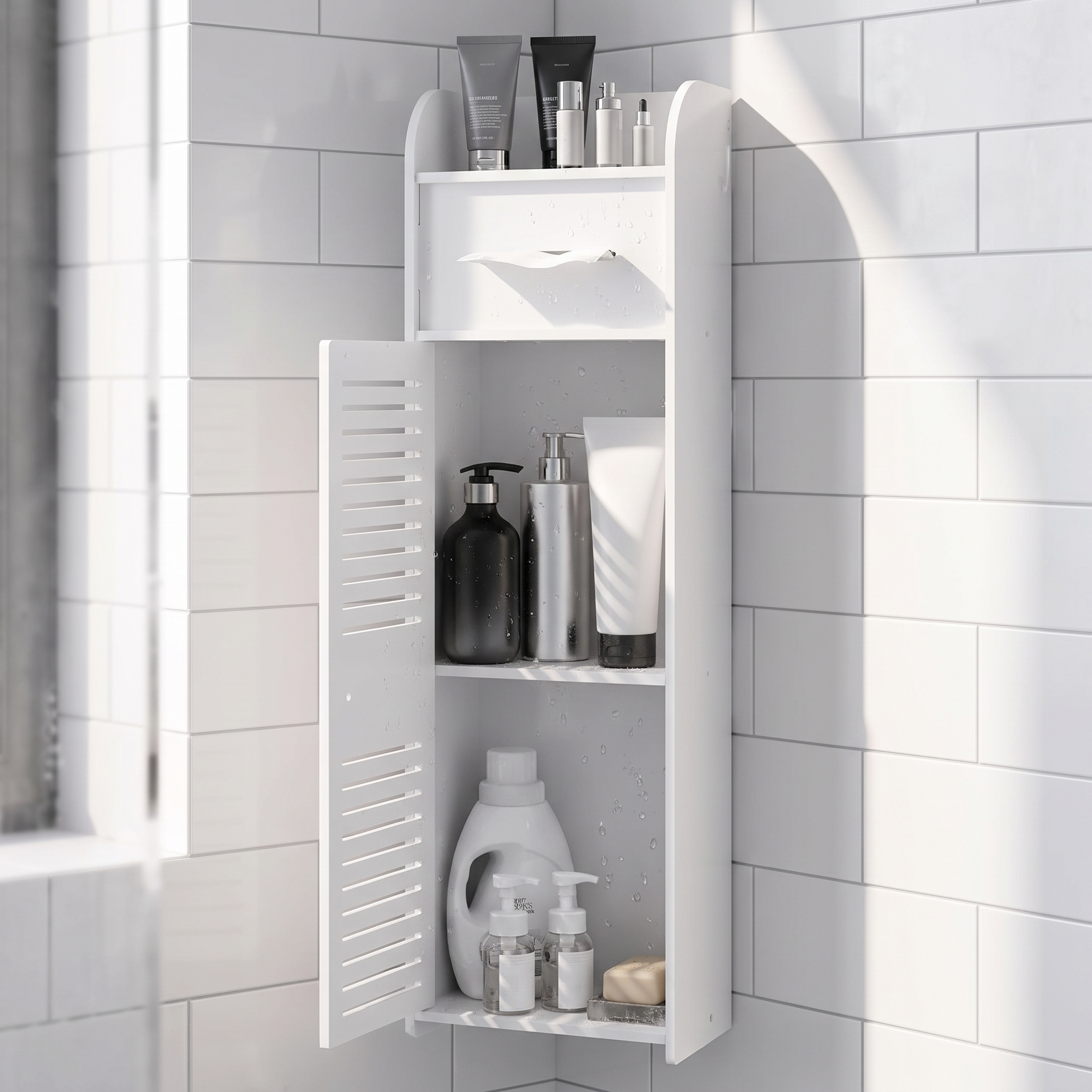 Corner shower caddy holding shampoo and soap in a shower