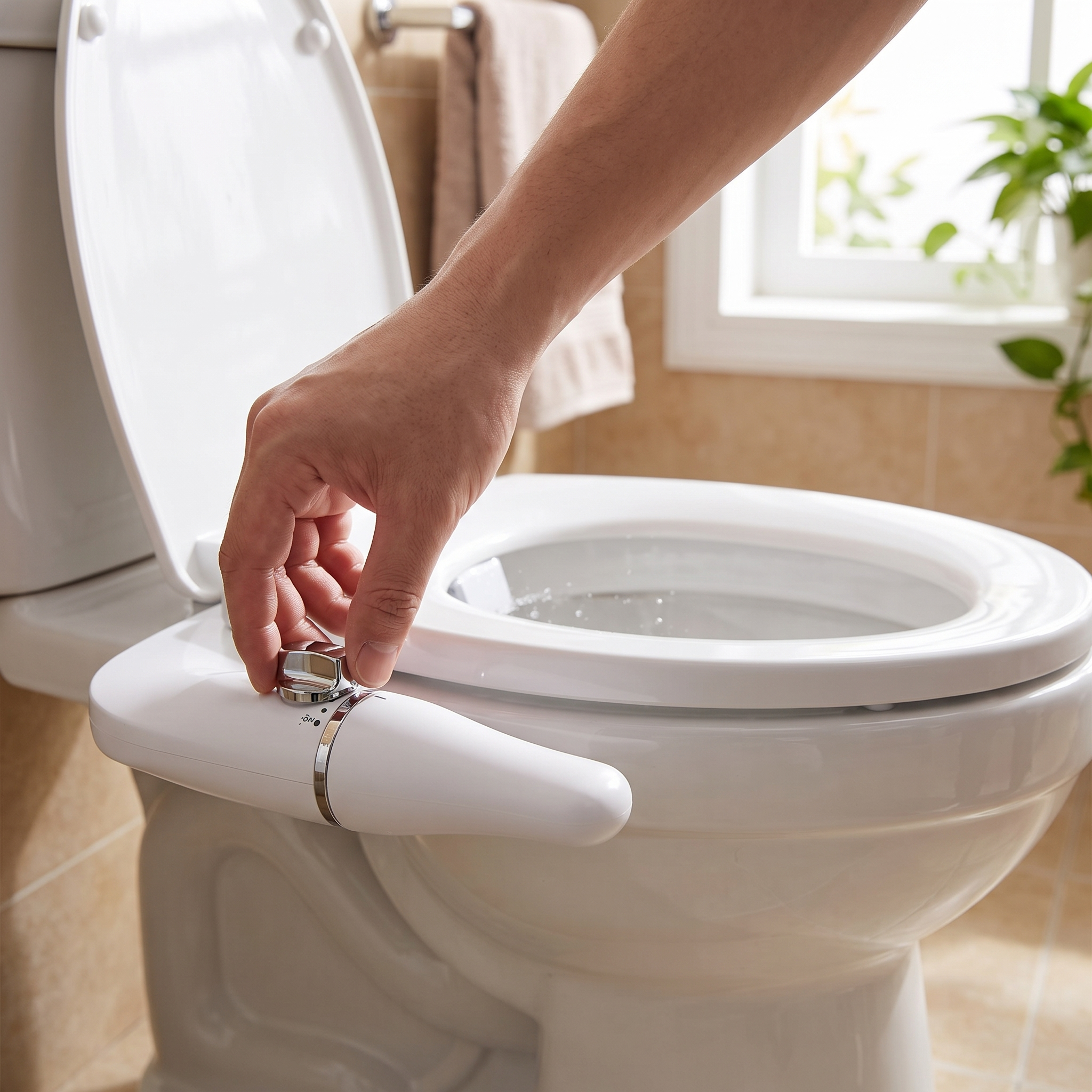 Person adjusting the non-electric bidet attachment on a toilet