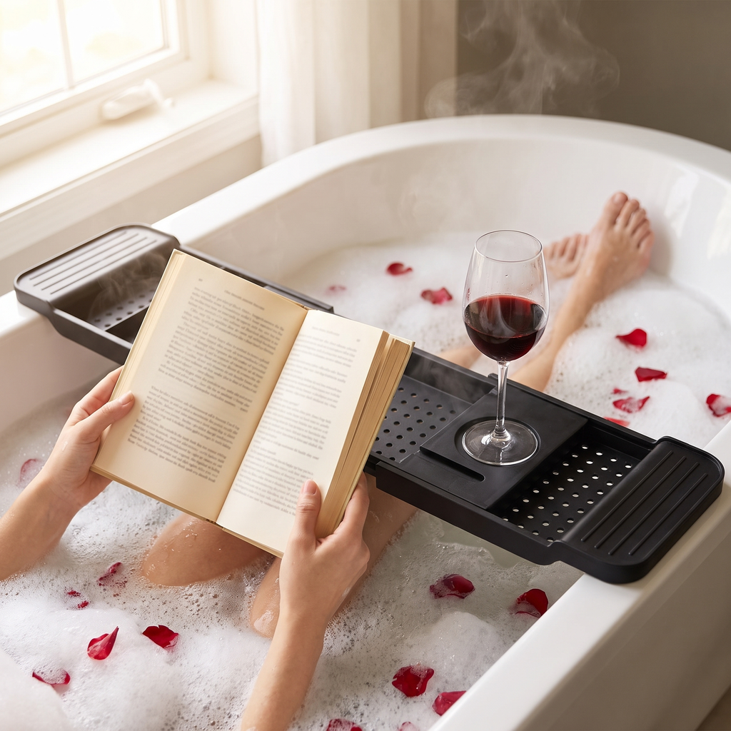 Person relaxing in a bath with a book and wine on the bamboo bath caddy