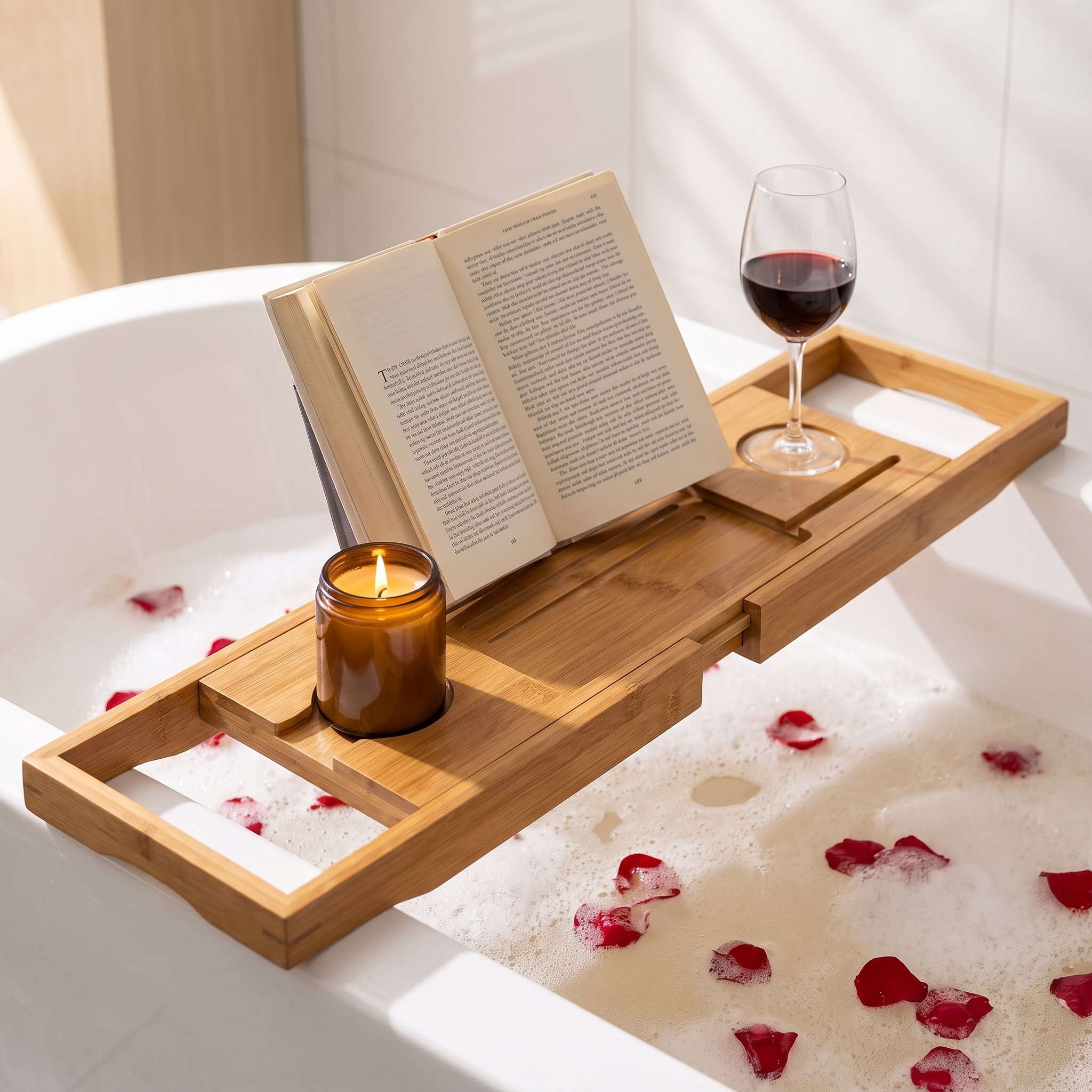 Bamboo bath caddy across a tub holding a book, candle and wine