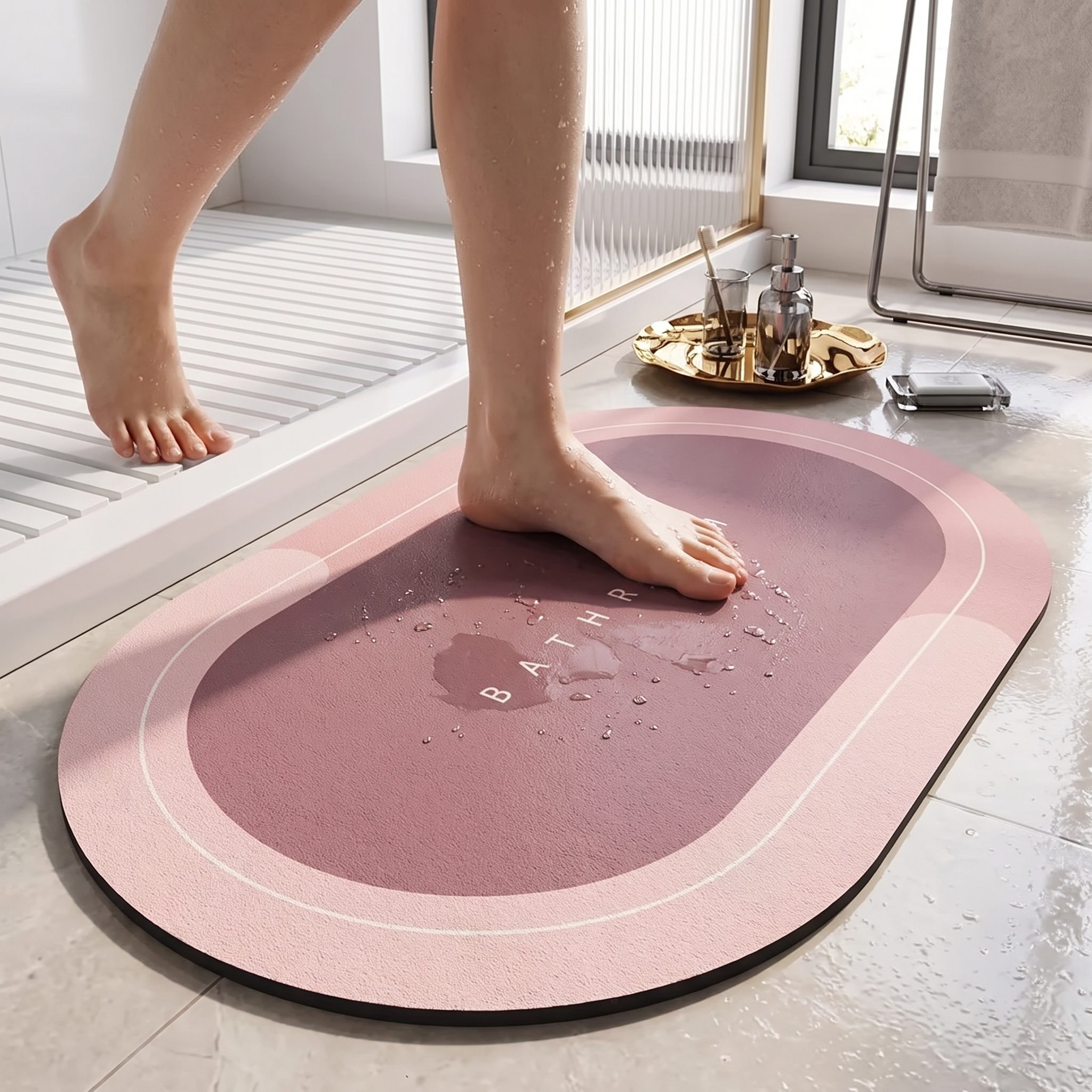 Person stepping onto the quick-dry stone bath mat, feet drying instantly