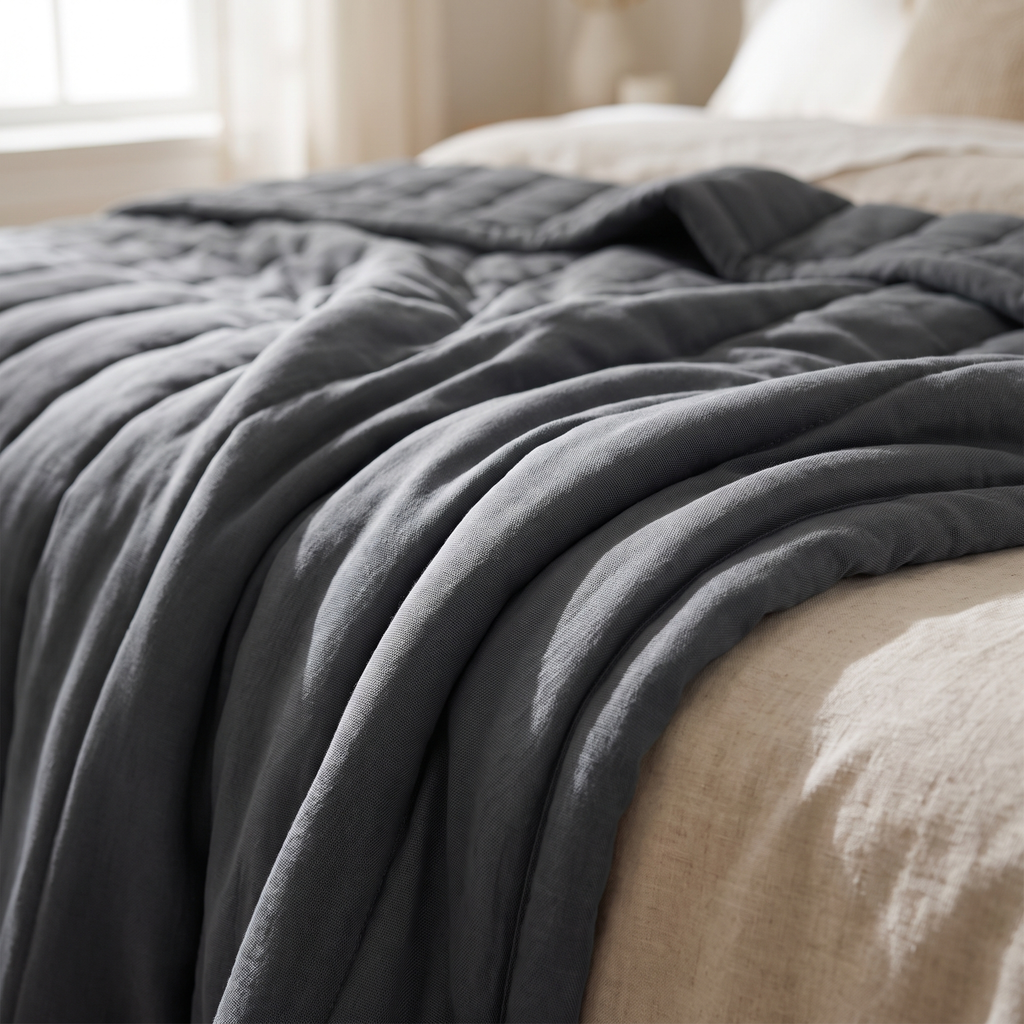 Cool-touch summer blanket draped on a bed