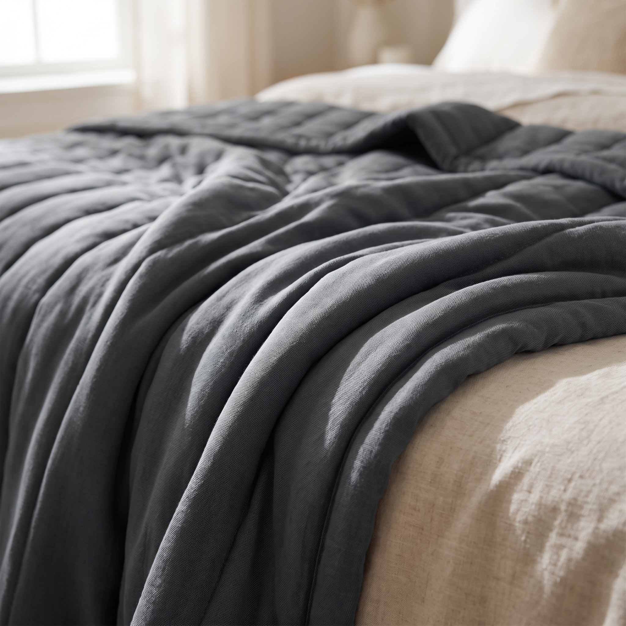 Cool-touch summer blanket draped on a bed