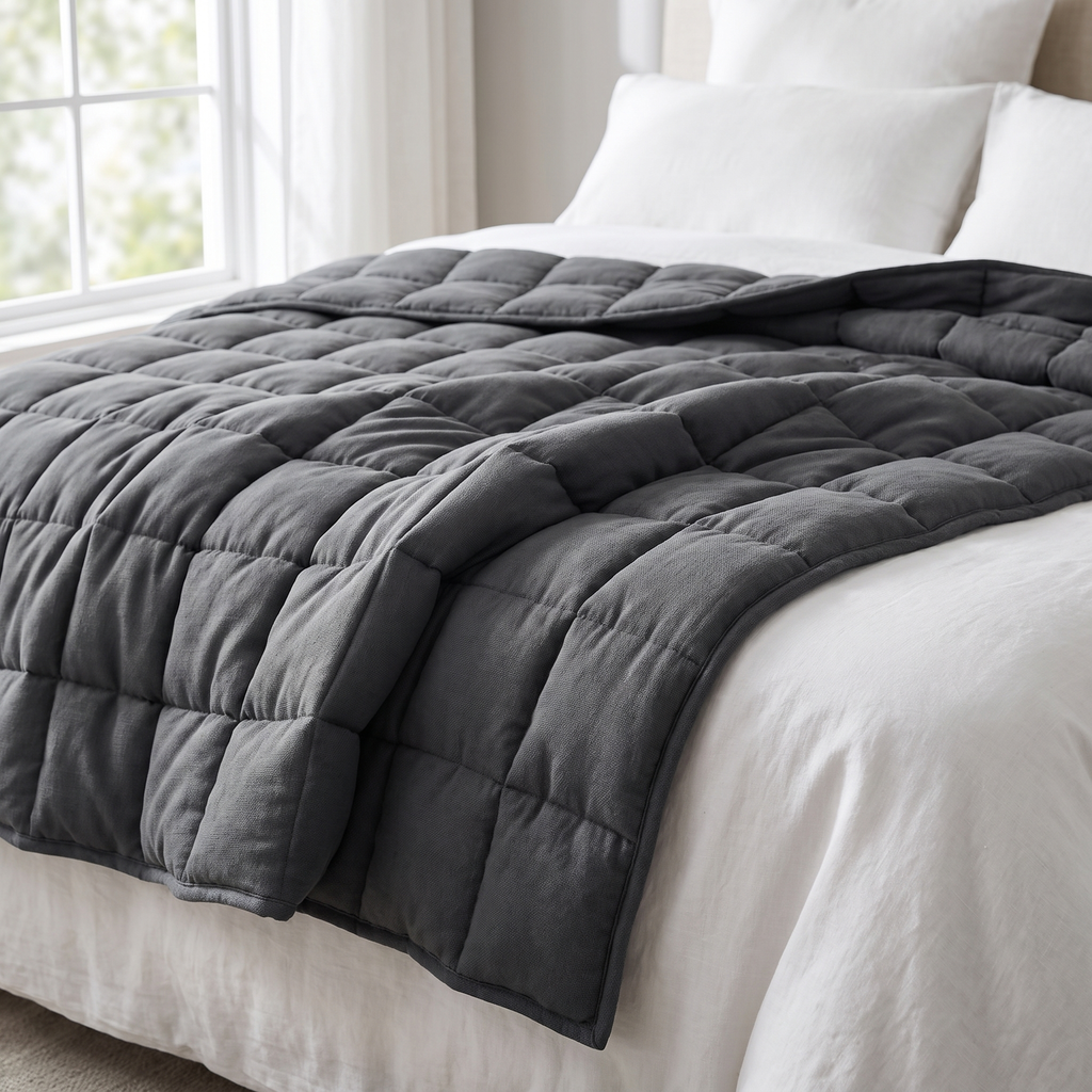 Quilted weighted blanket draped over a bed