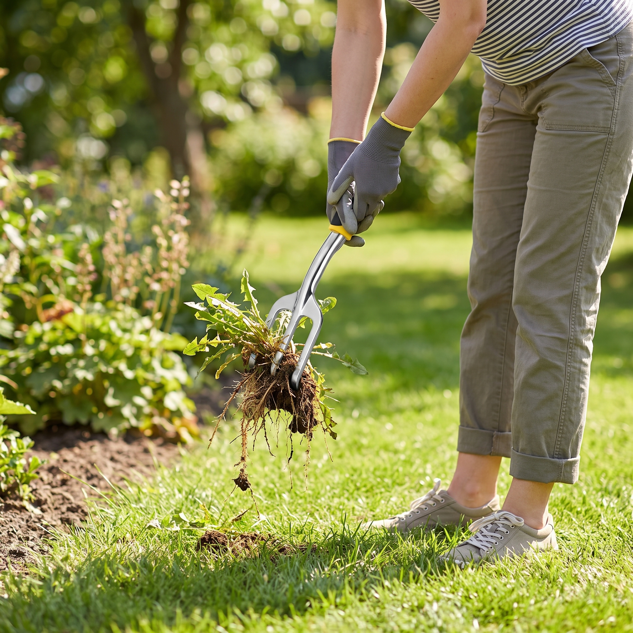 Person pulling a weed upright with the stand-up weed puller, no bending