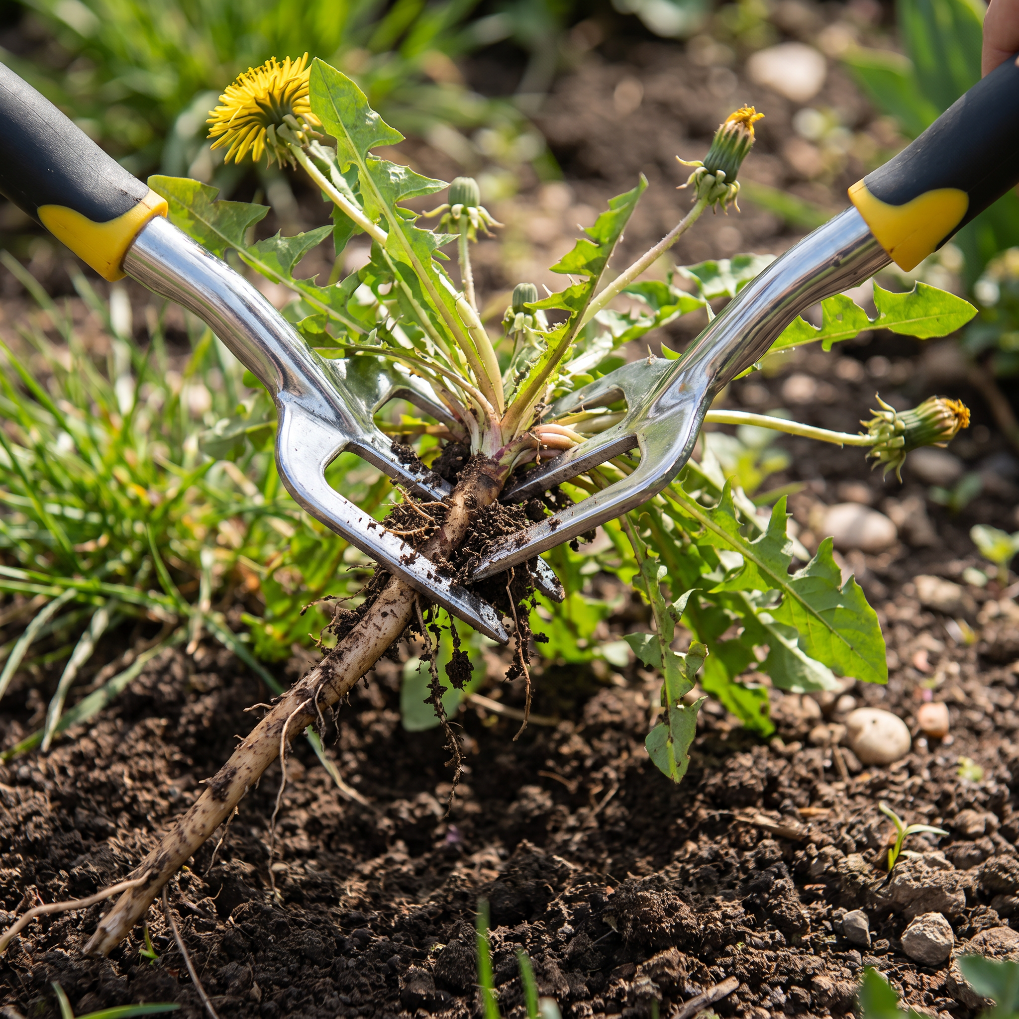 Weed puller claw gripping a weed and its root from the soil