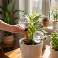 Person inserting self-watering plant spikes to keep plants watered while away