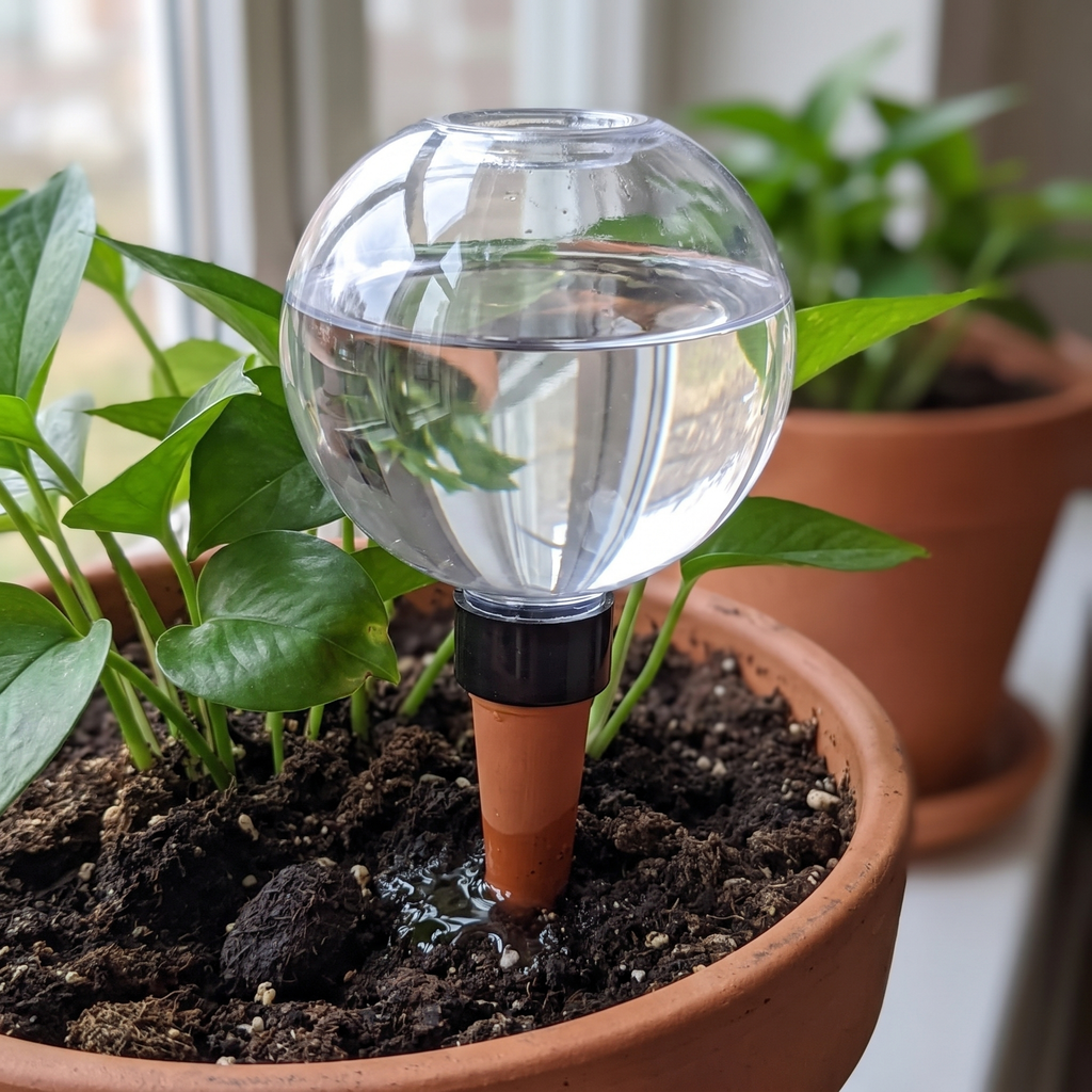 Self-watering plant spike releasing water into a potted plant
