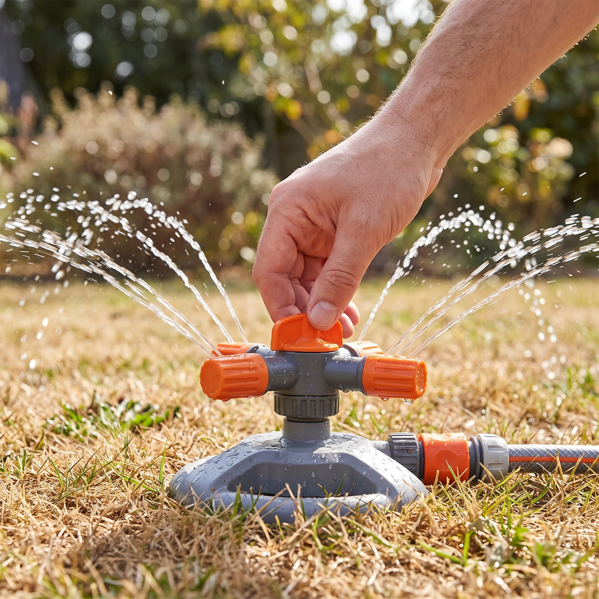 Person running the rotating garden sprinkler over a dry lawn