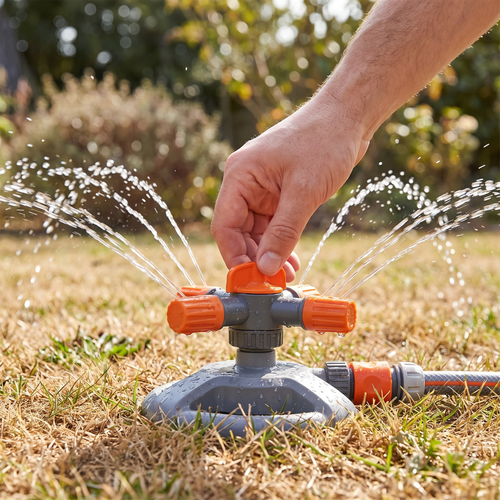 Person running the rotating garden sprinkler over a dry lawn