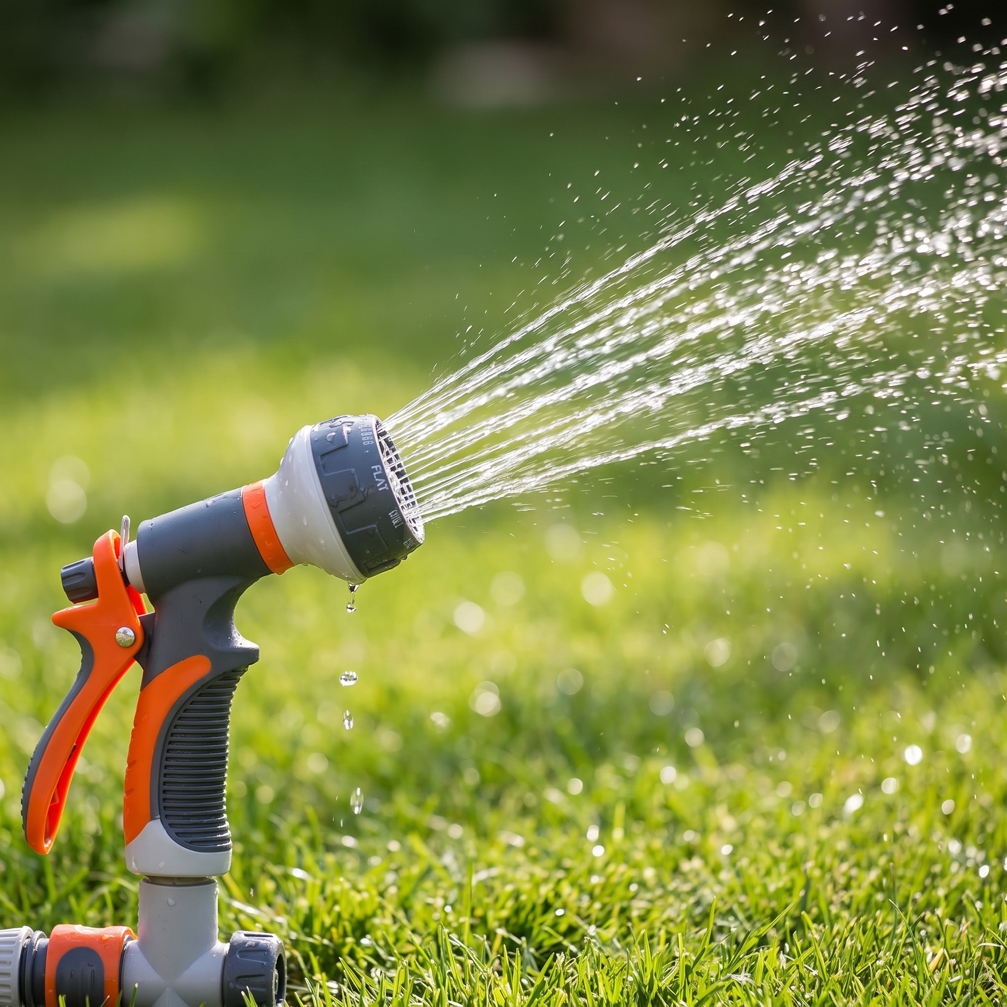 Rotating garden sprinkler spraying arcs of water over grass