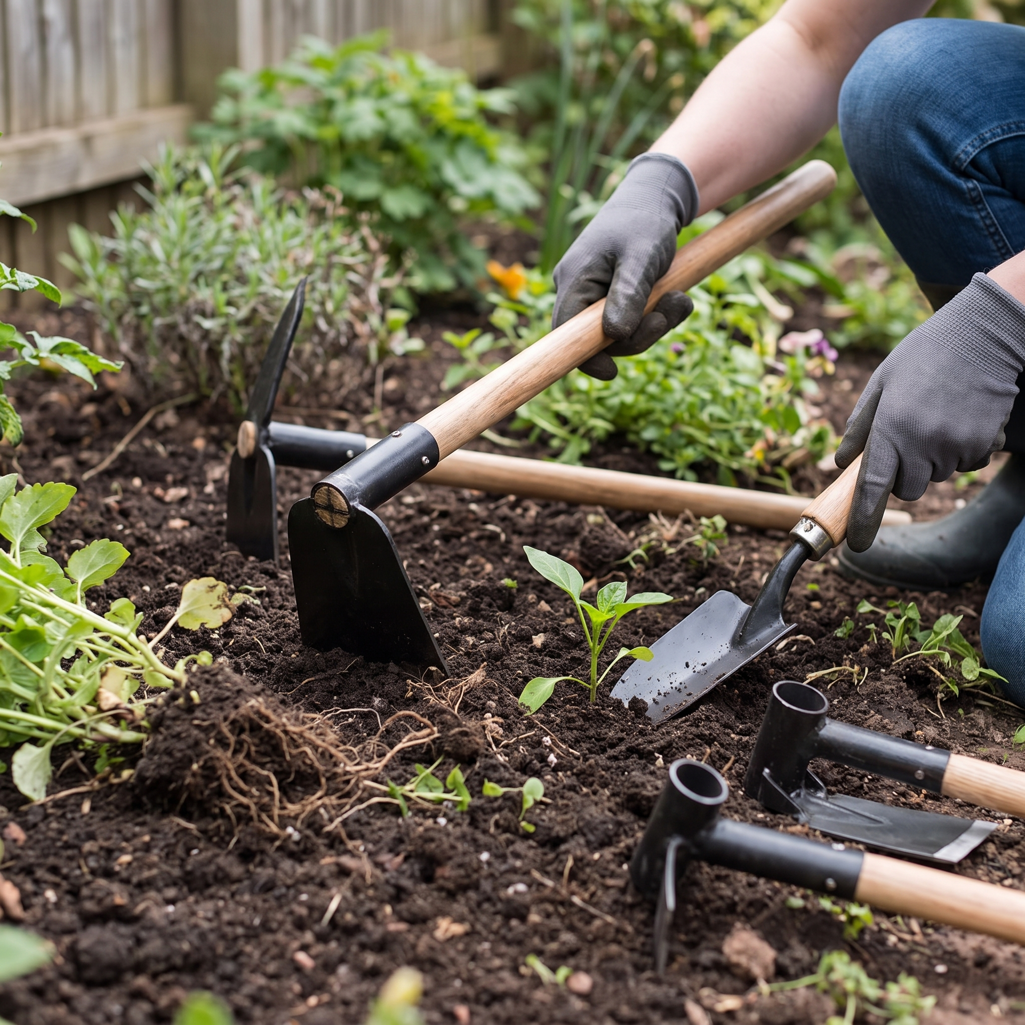 Person gardening with the sturdy garden hand tool set