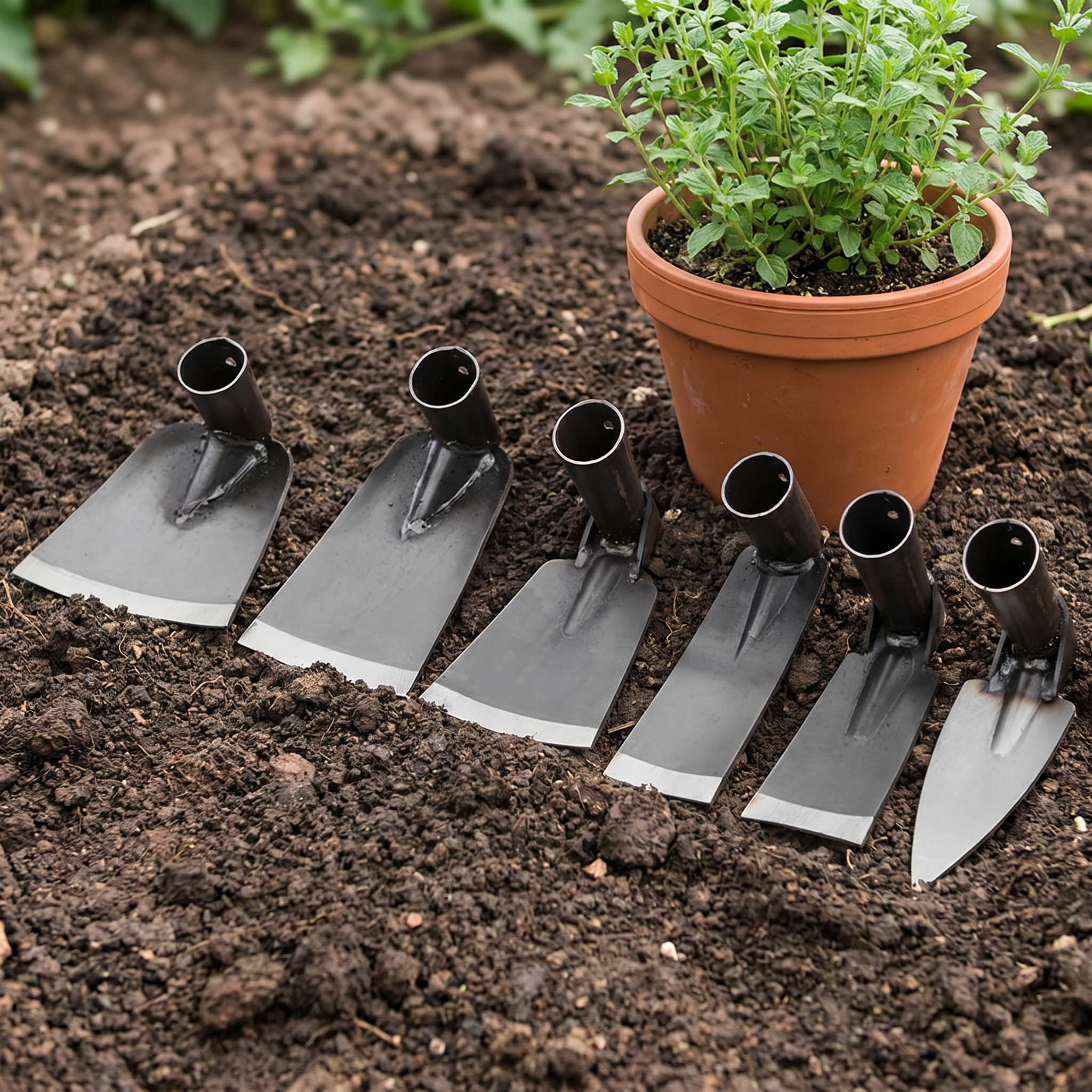 Garden hand tool set laid on soil with a potted plant