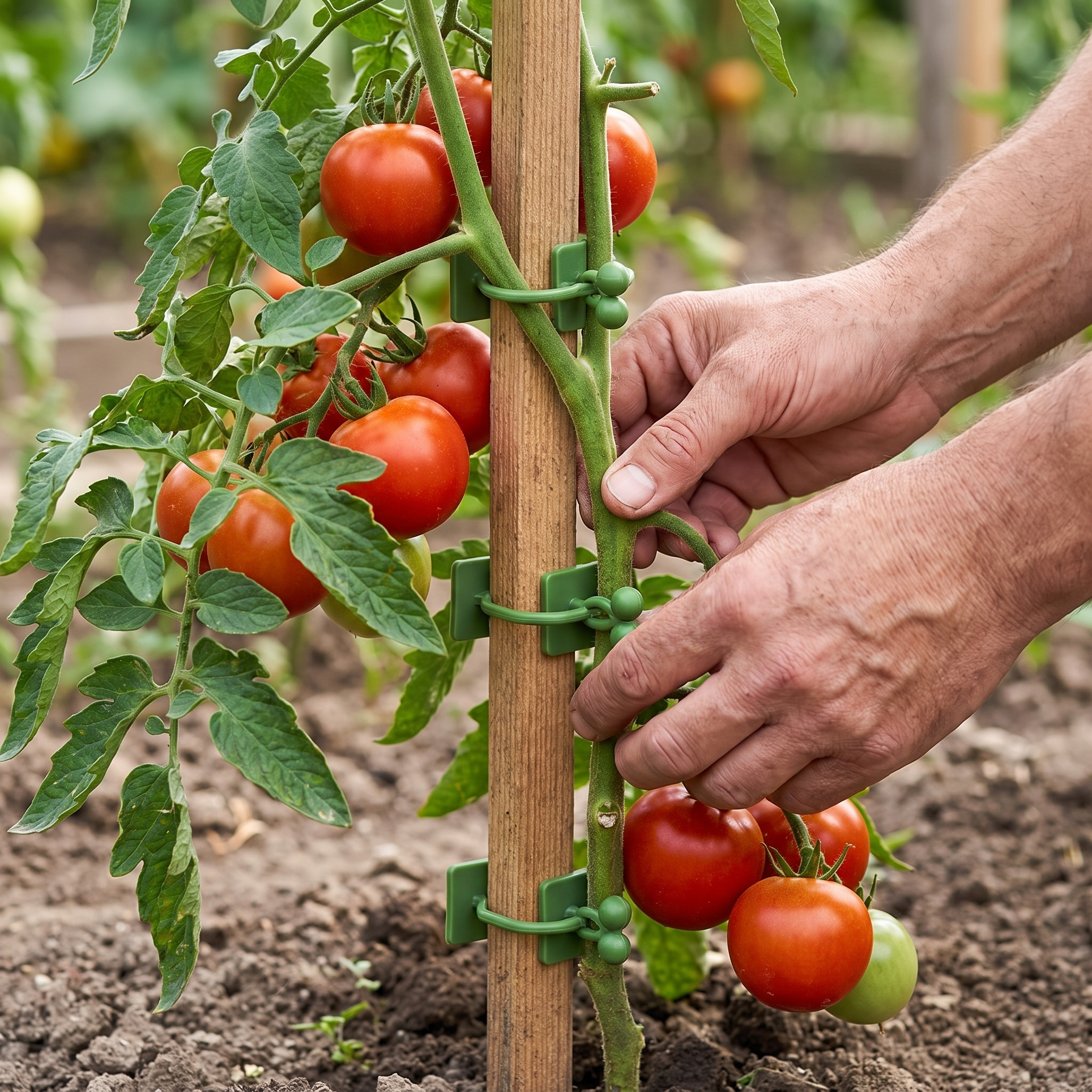 Person staking a heavy tomato plant upright with garden support stakes