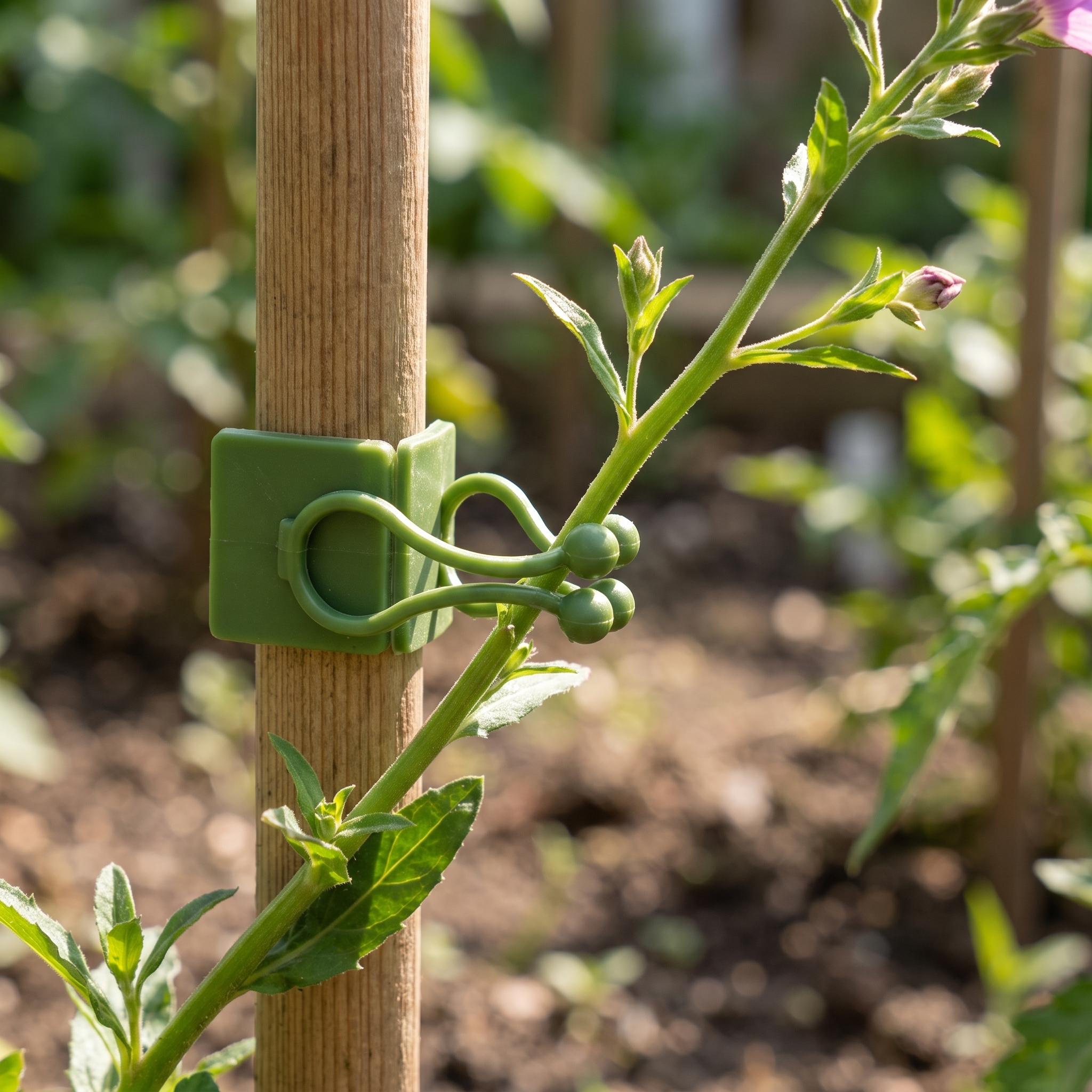 Plant support stake and clip holding up a leaning stem