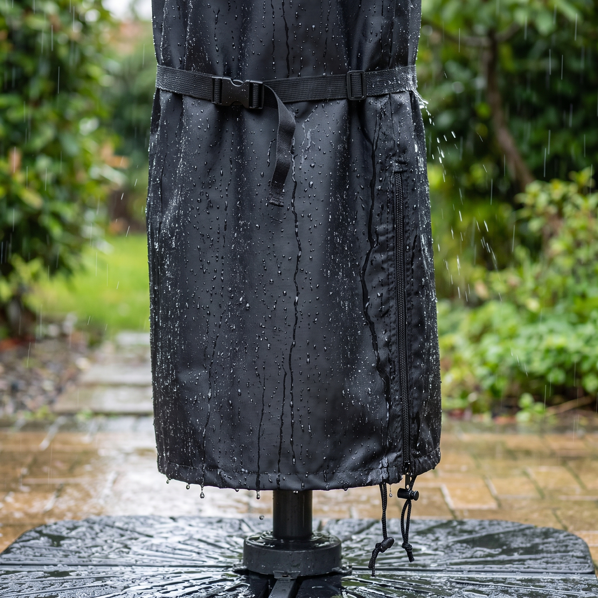 Waterproof furniture cover with rain running off it