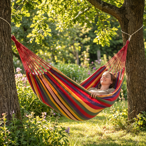 Person relaxing in the camping hammock strung between trees
