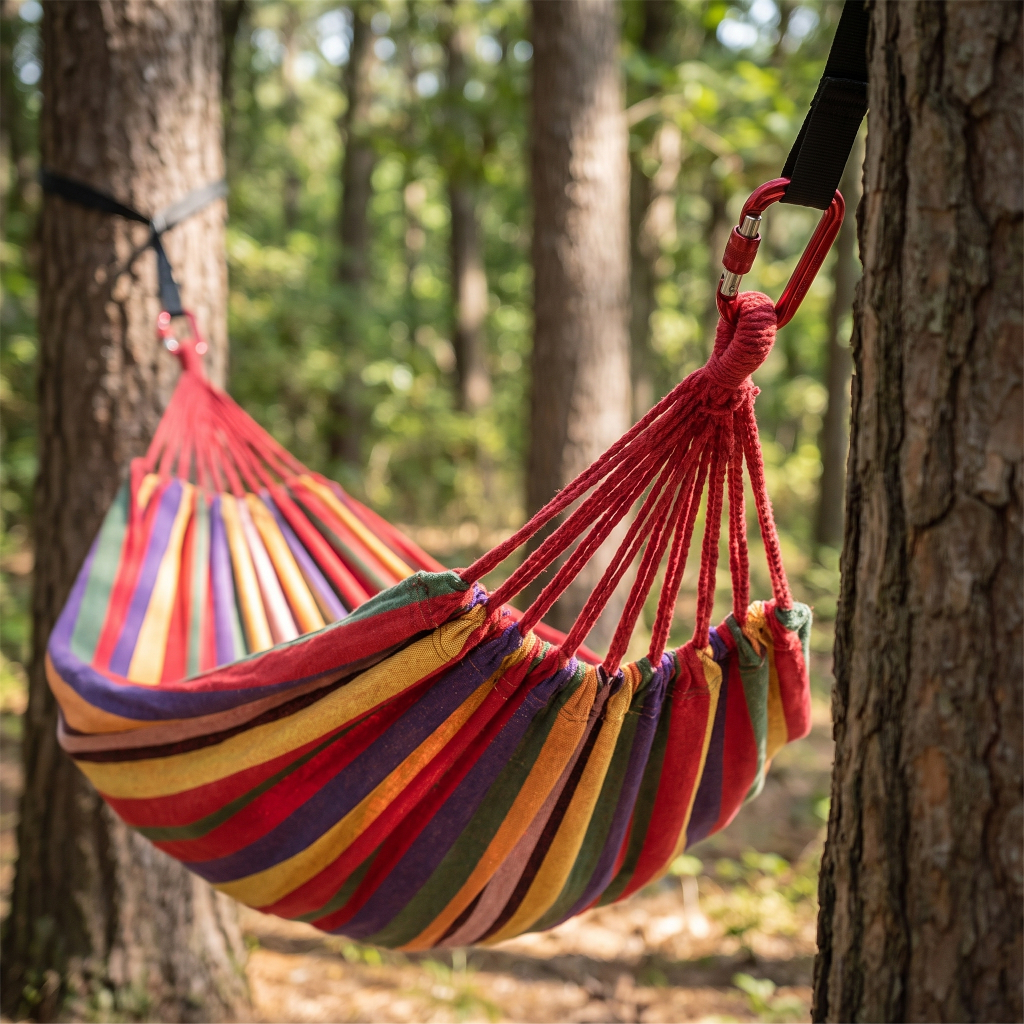 Camping hammock fabric and straps holding weight between trees