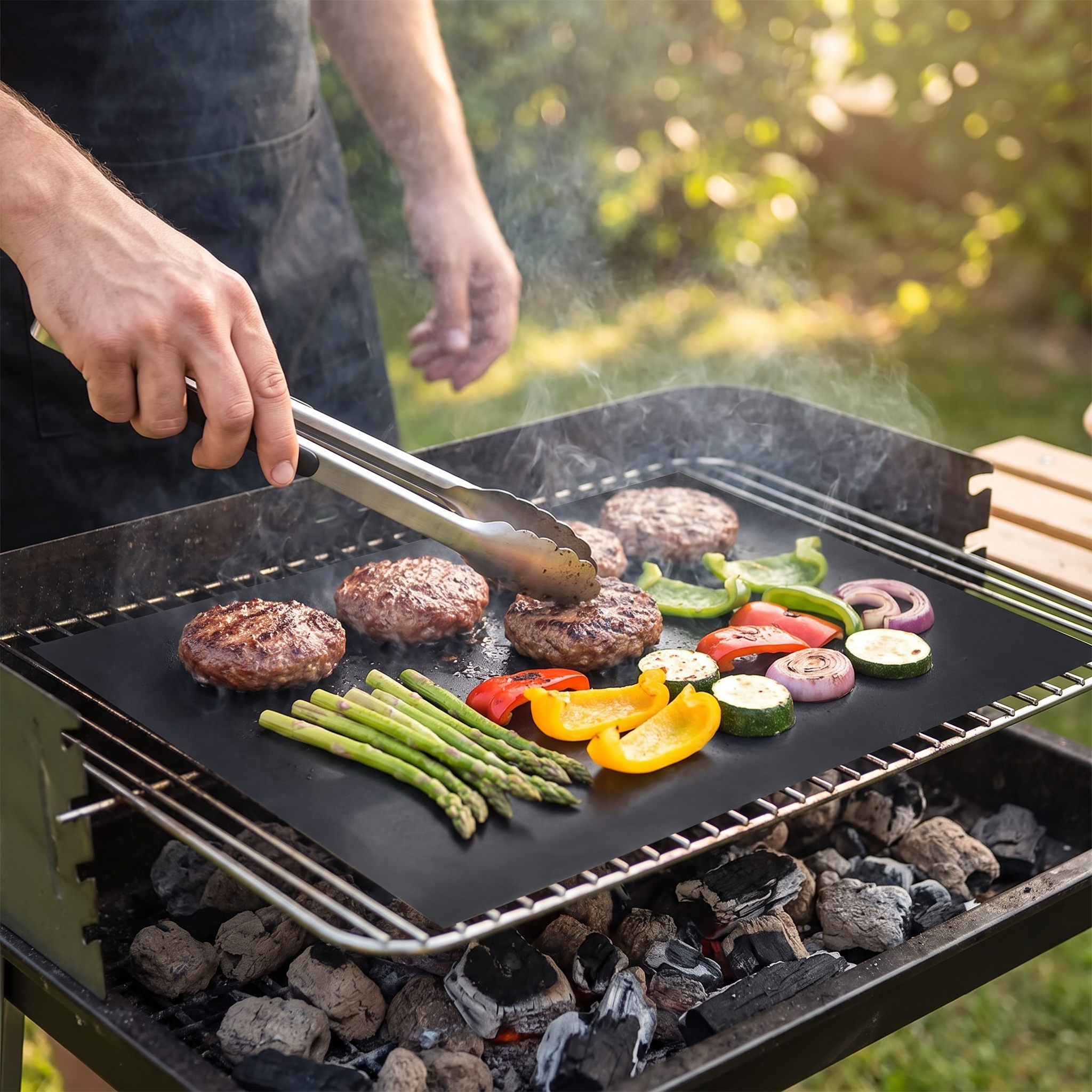 Person grilling food on the non-stick BBQ grill mat, nothing falls through