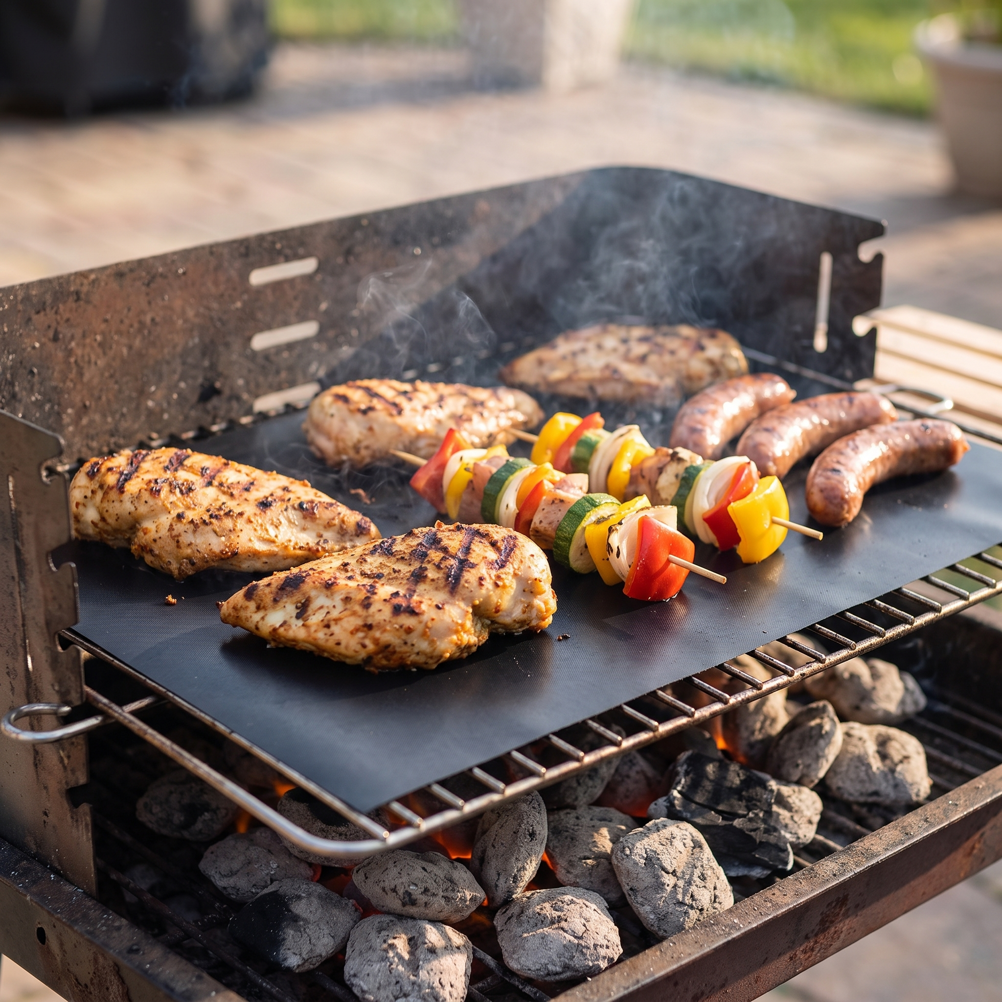 Food cooking with grill marks on the reusable BBQ grill mat