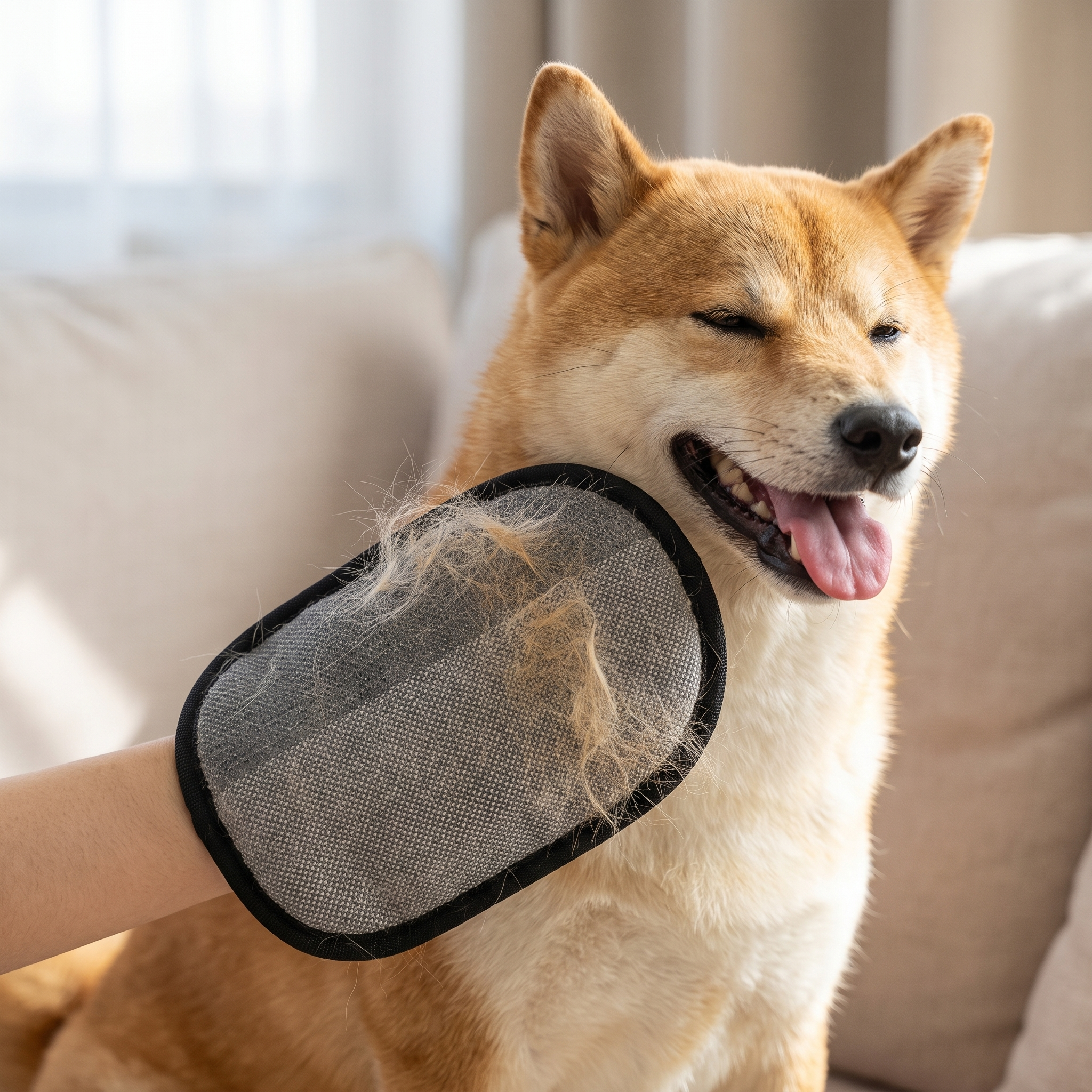 Person grooming their dog with the pet grooming glove, collecting loose fur