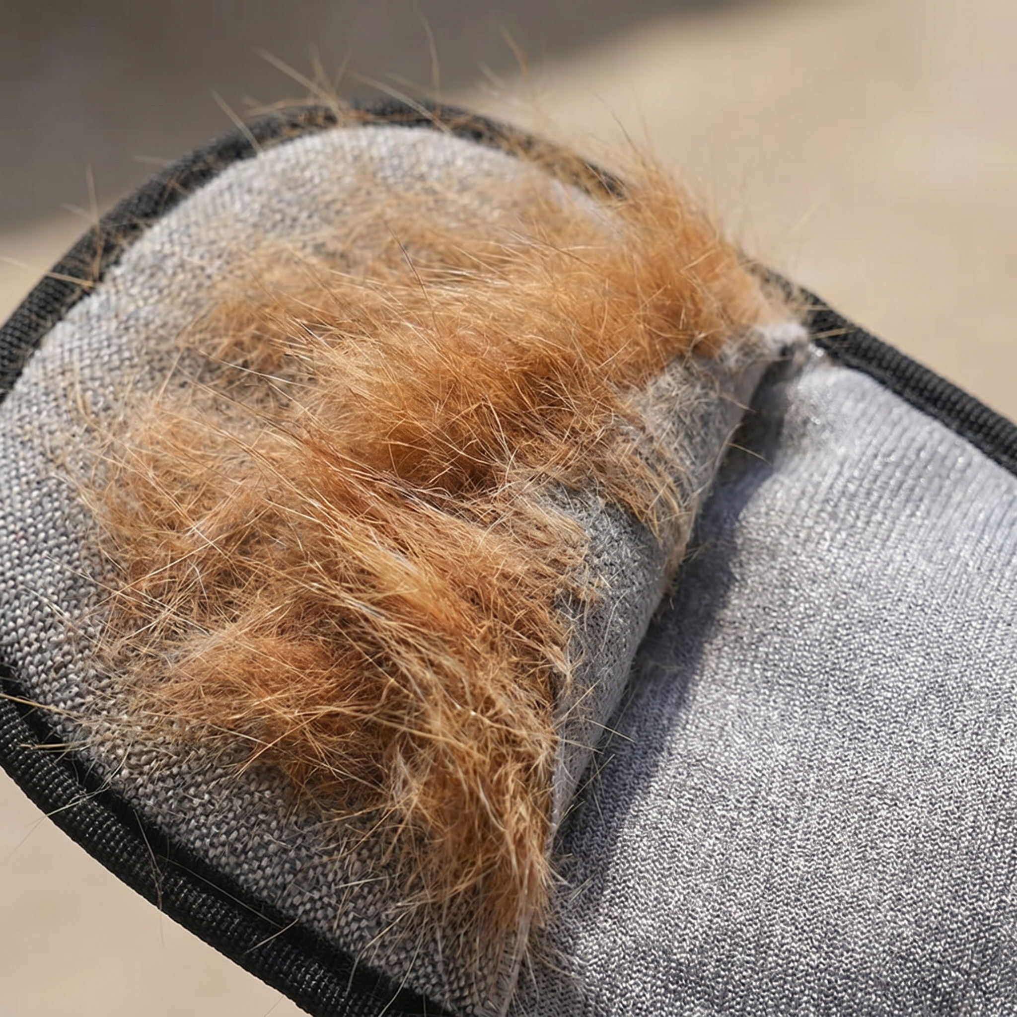 Pet grooming glove covered in collected loose pet hair