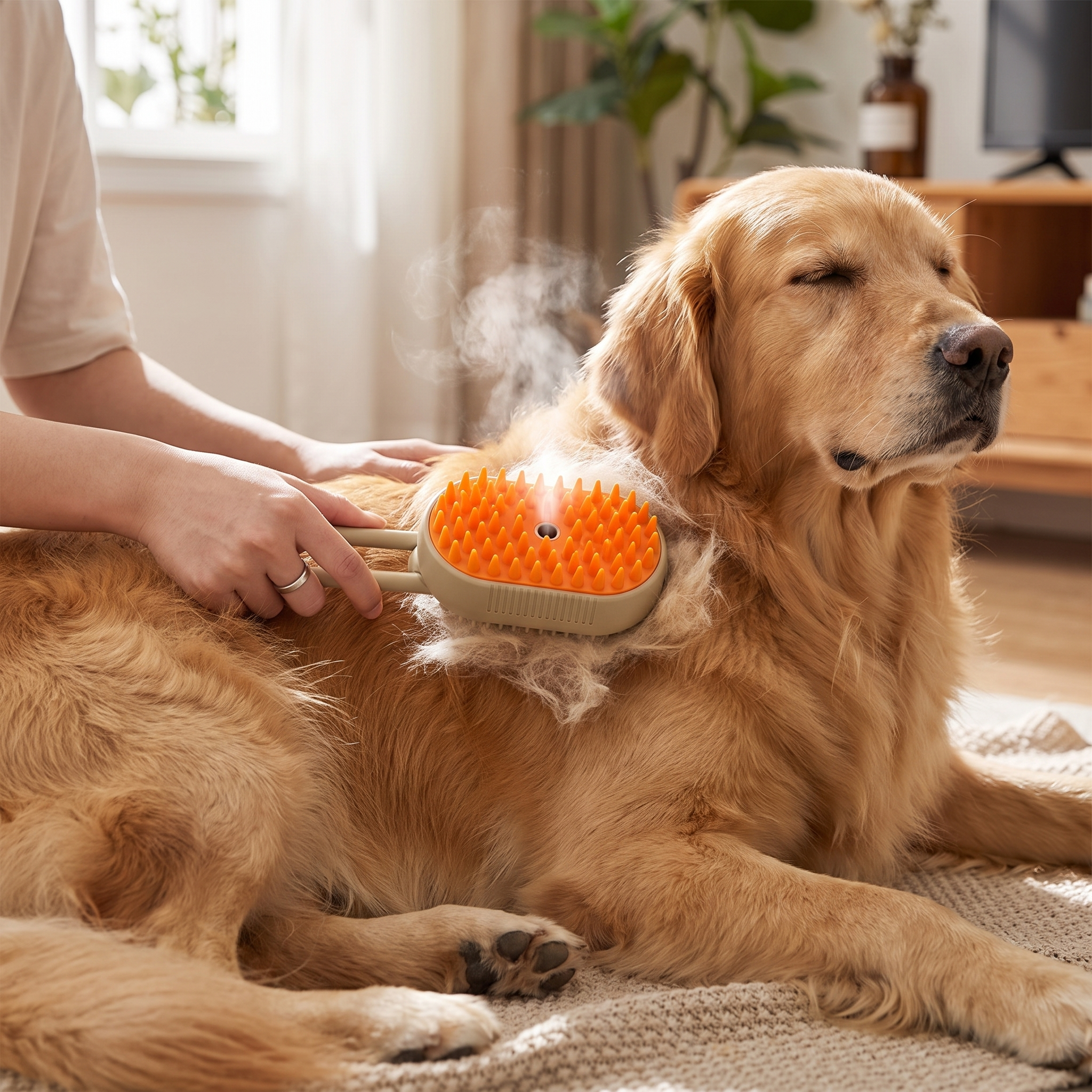 Person brushing a dog with the self-cleaning slicker brush