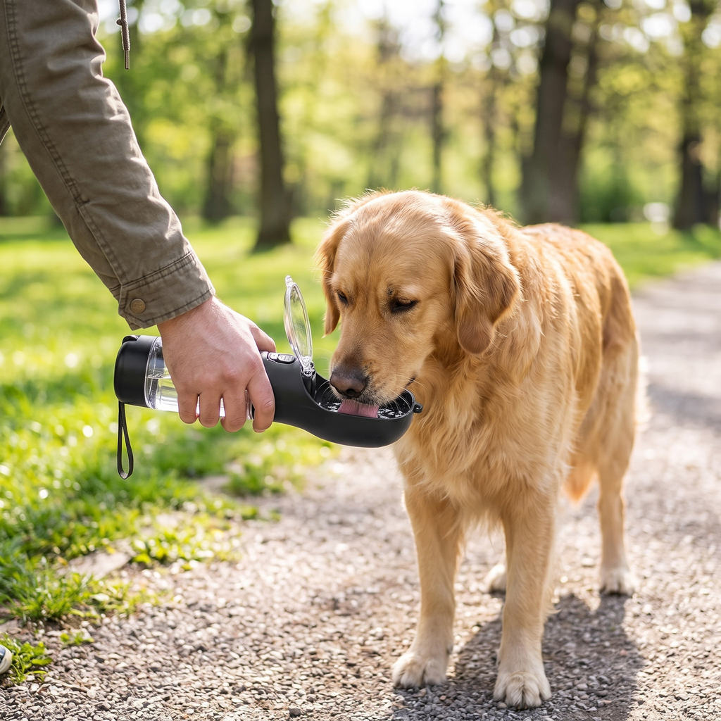 Person giving their dog a drink from the portable dog water bottle on a walk