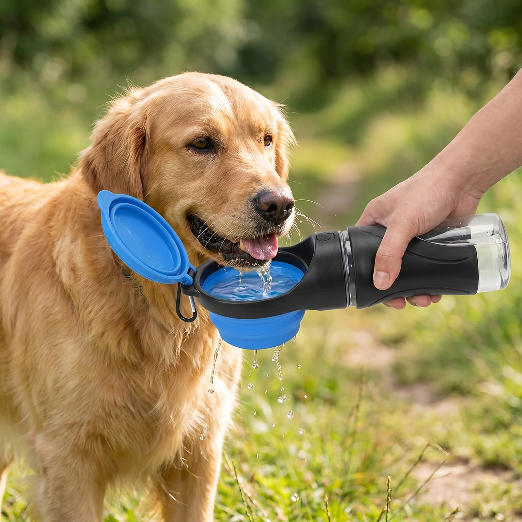 Dog drinking from the flip-up bowl of the portable dog water bottle