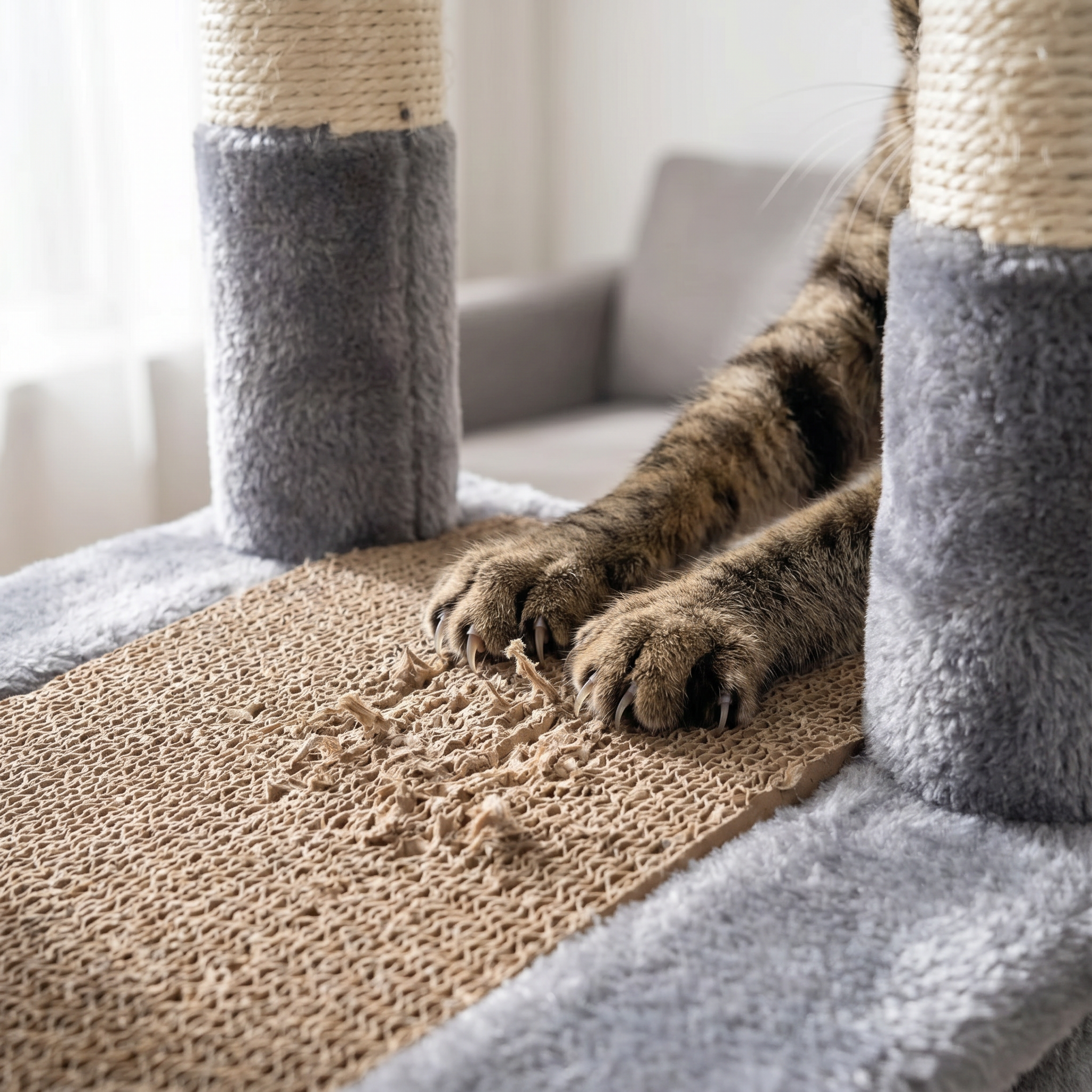 Cat paws clawing the corrugated cardboard scratcher surface