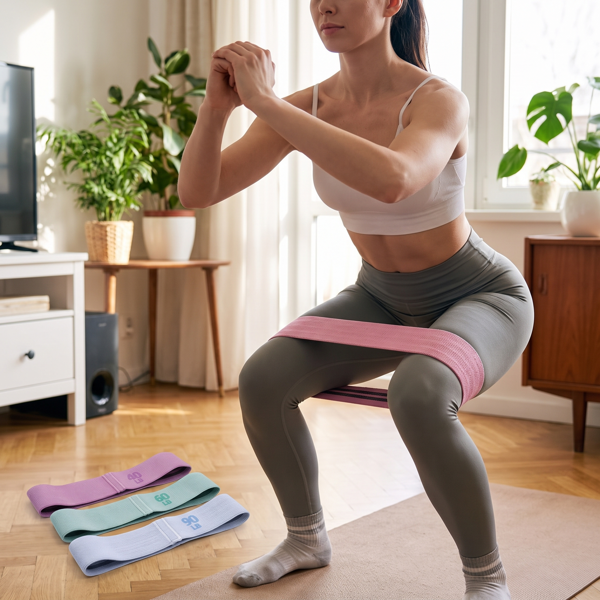 Person exercising at home with the resistance bands set