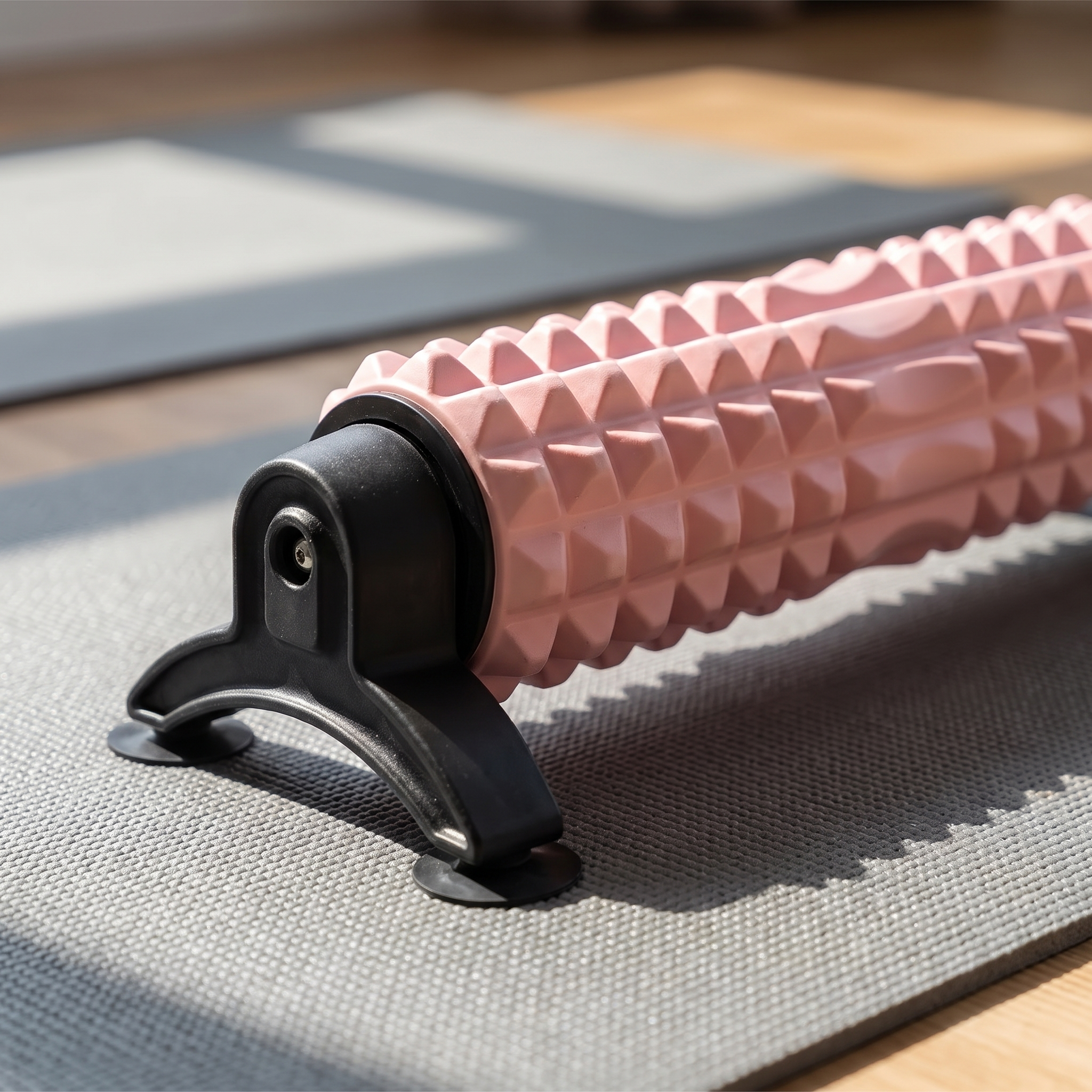 Textured foam roller with massage balls on a mat
