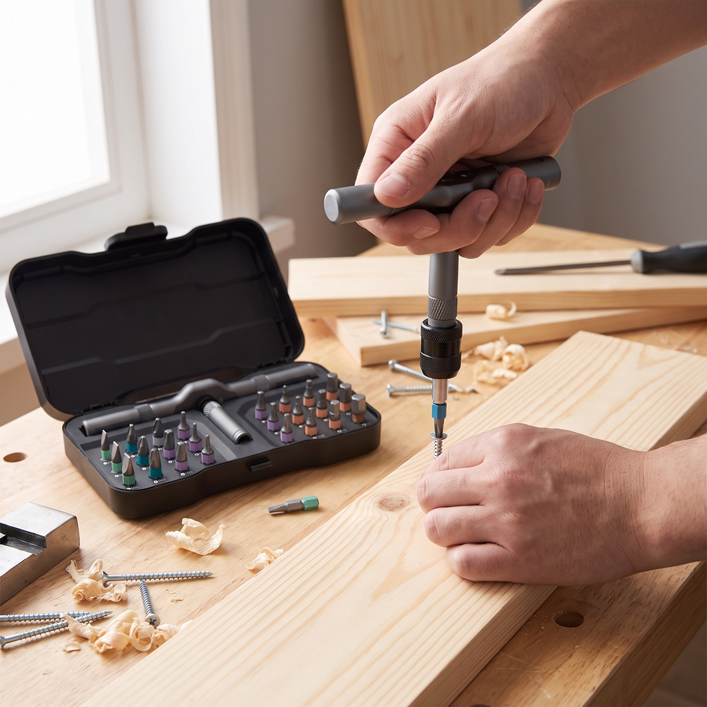 Person driving a screw with the ratcheting multi-bit screwdriver