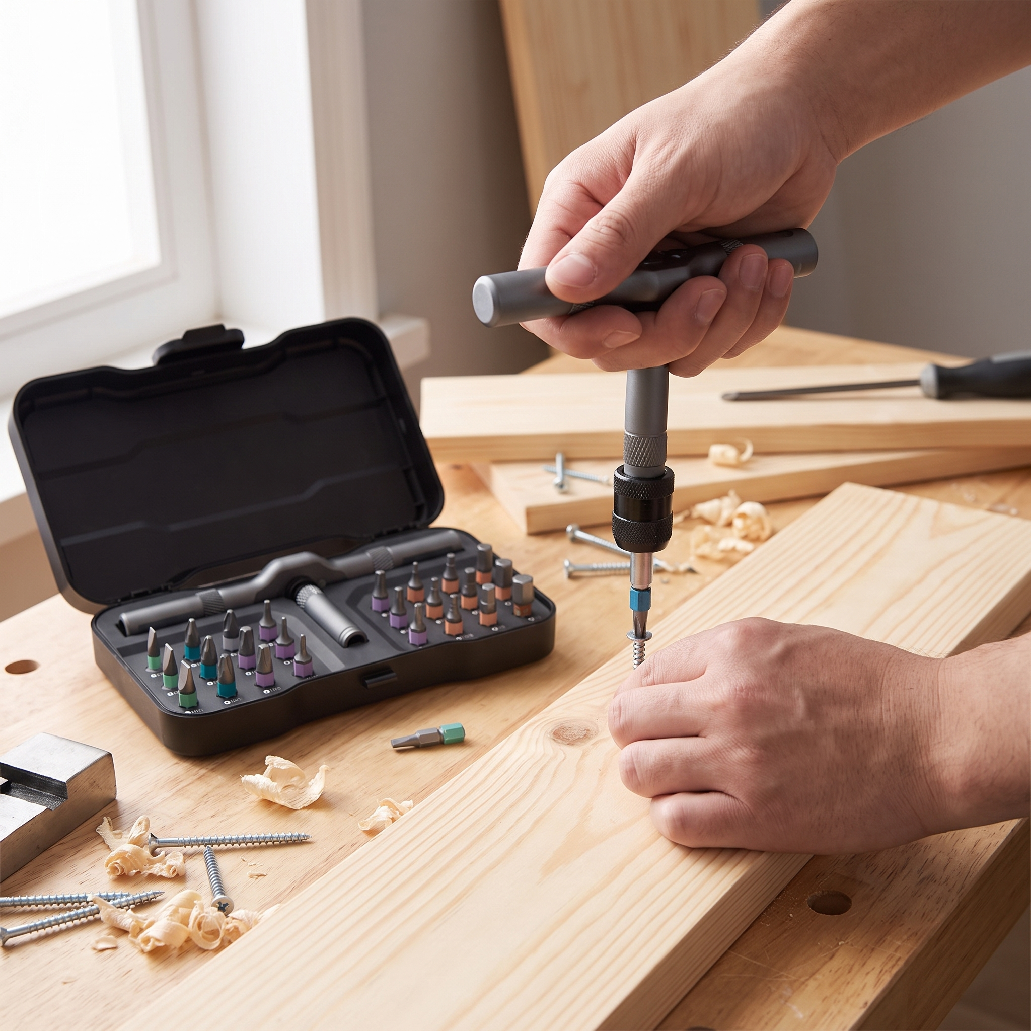 Person driving a screw with the ratcheting multi-bit screwdriver