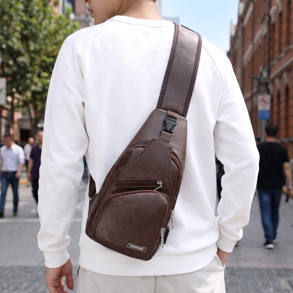 Person wearing the anti-theft crossbody sling bag hands-free