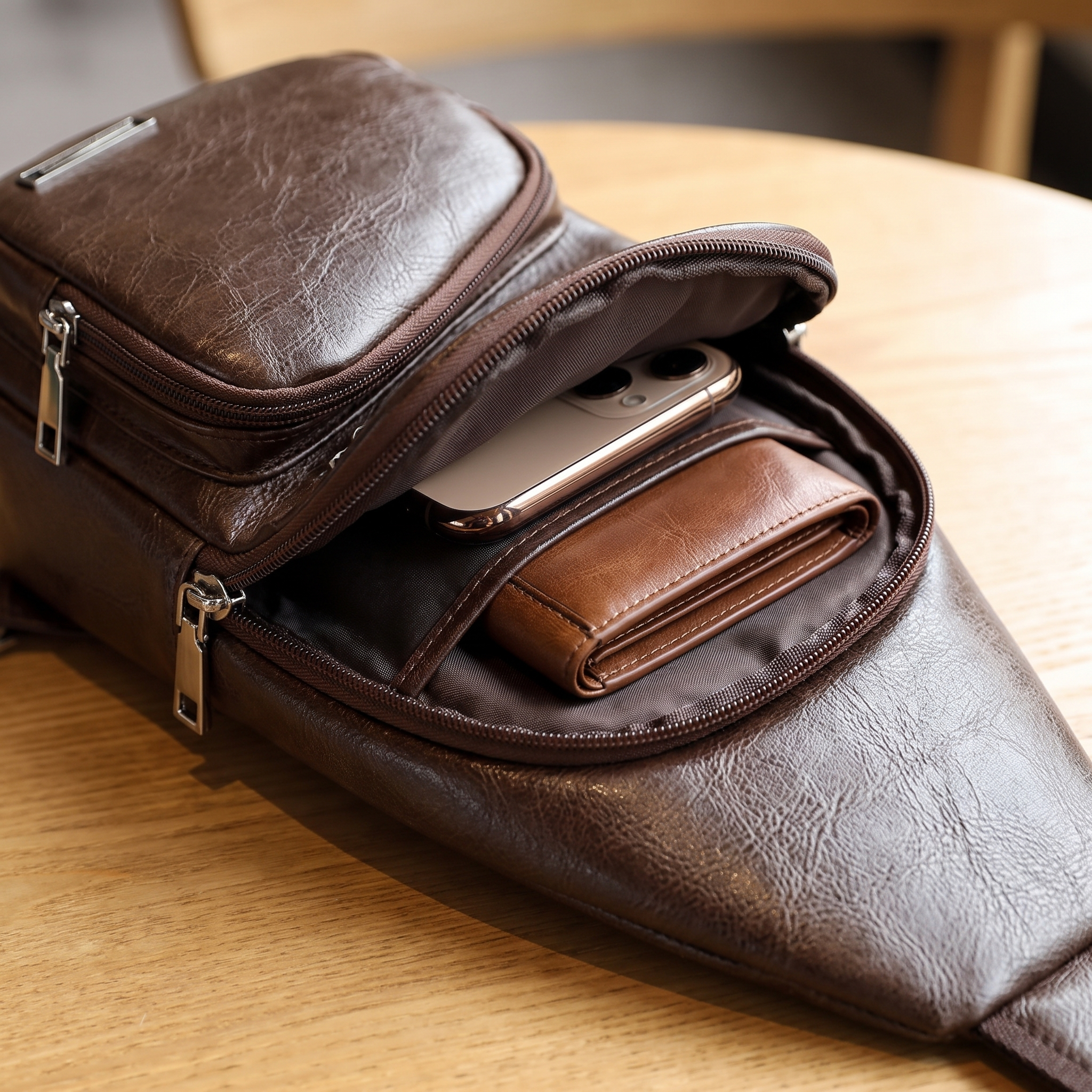 Anti-theft sling bag hidden back zip and compartments