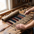 Person unrolling the canvas tool roll with tools in labelled slots