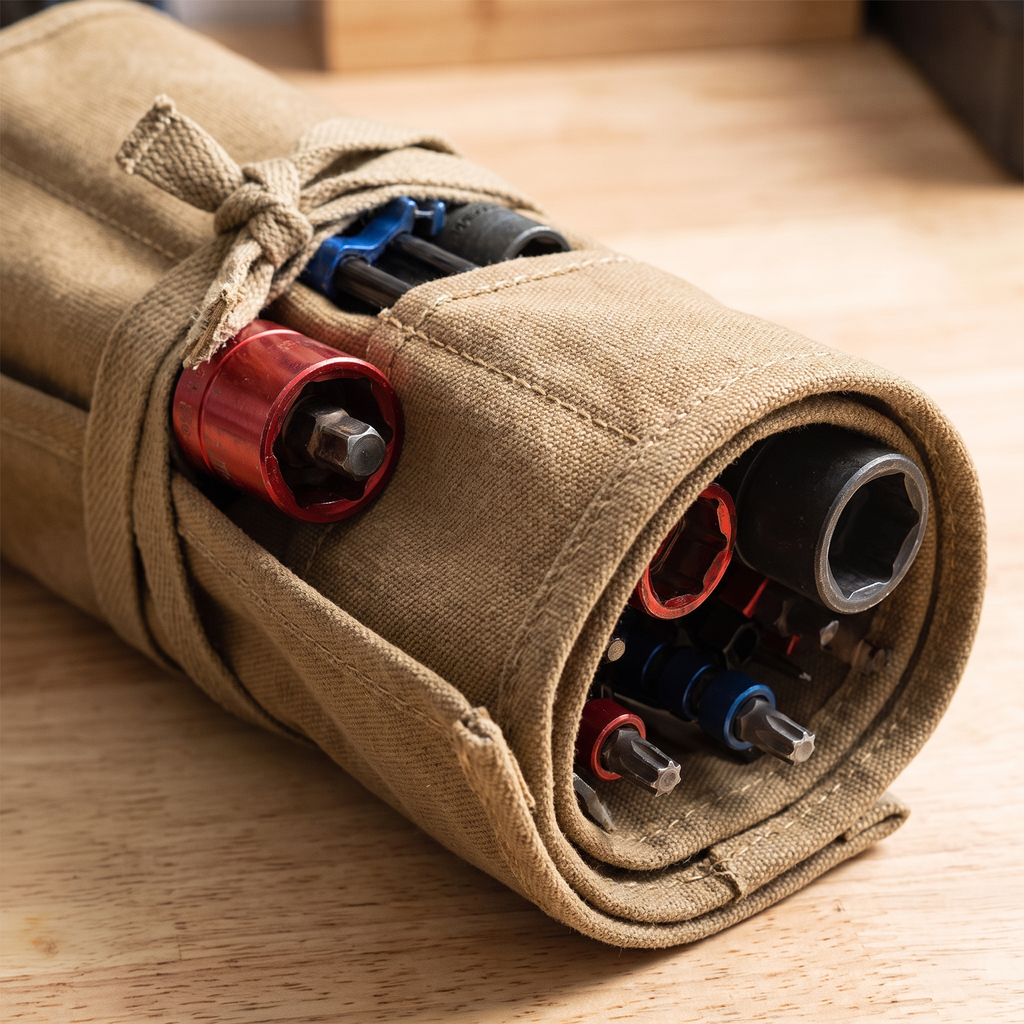 Canvas tool roll rolled up and tied closed